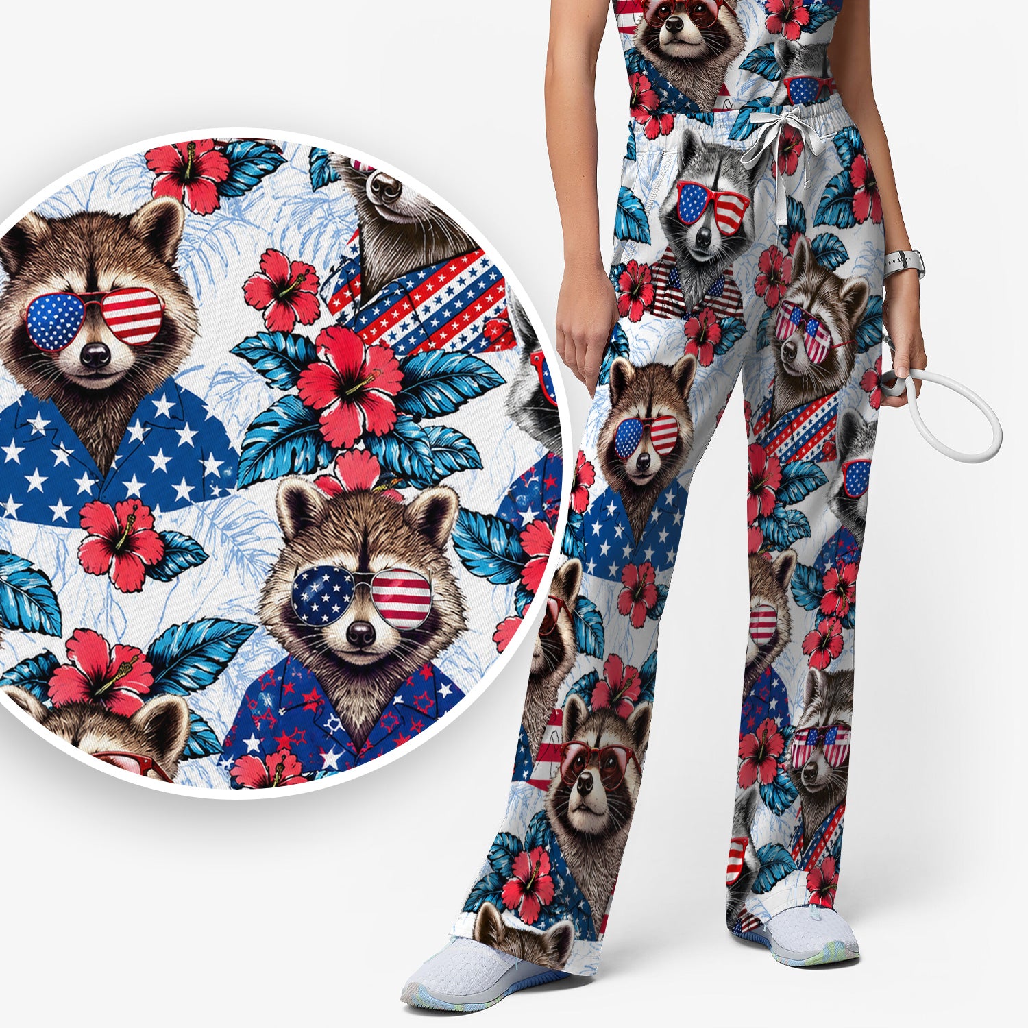 Funny Patriotic Raccoon Sunglasses Pattern Scrub Set, Scrub Pants and V Neck Top
