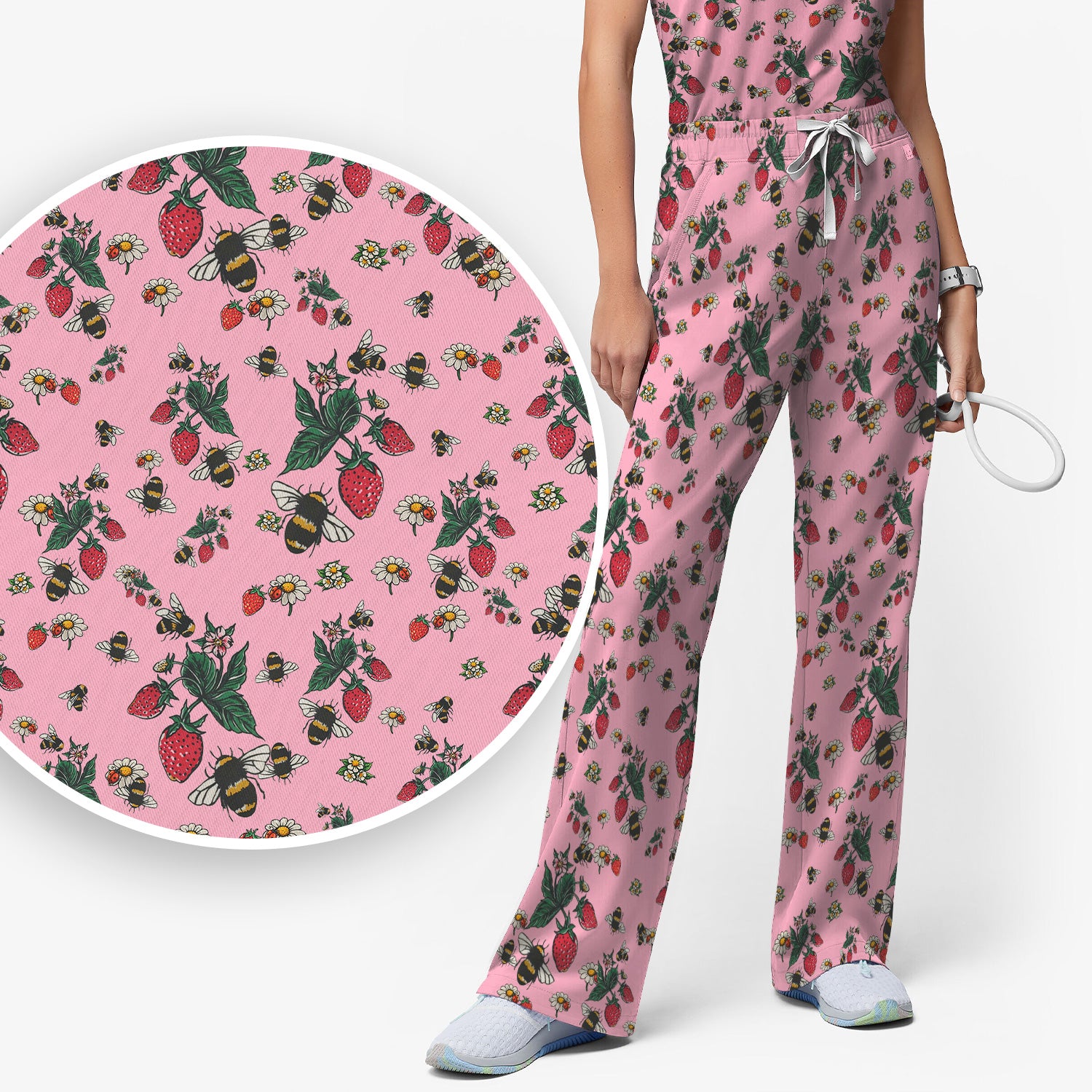 Cute Strawberry Bee Daisy Floral Pattern Scrub Set, Scrub Pants and V Neck Top