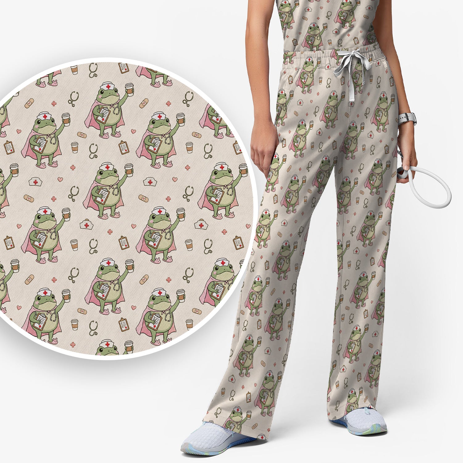 Cute Super Nurse Frog Pattern Scrub Set, Scrub Pants and V Neck Top