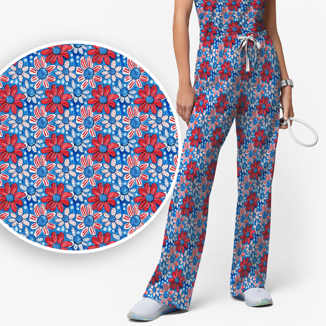 Cute Patriotic Daisy Blossom Repeat Pattern Scrub Set, Scrub Pants and V Neck Top