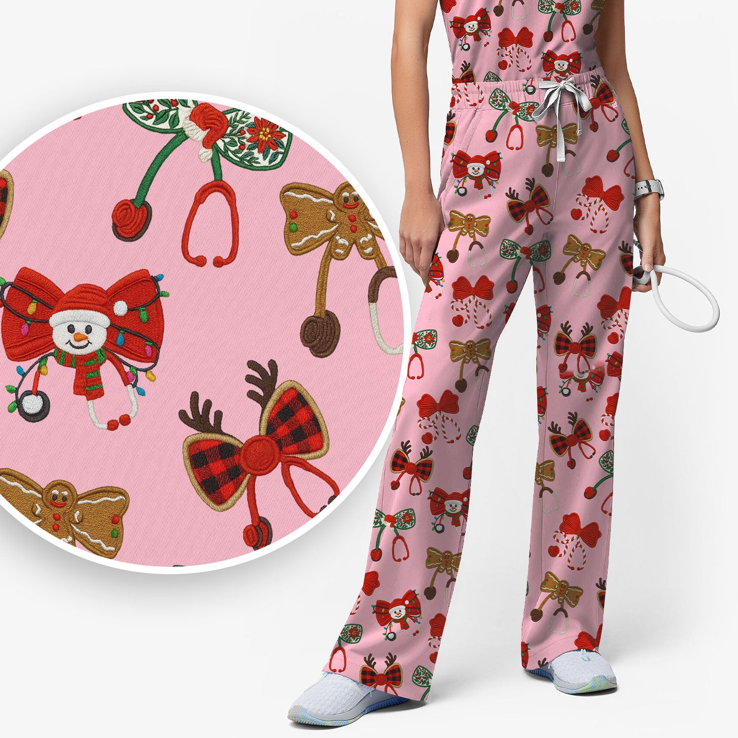 Christmas Stethoscope Bow Nurse Scrub Set, Xmas Pattern Scrub Shirt, Holiday Nursing Uniform