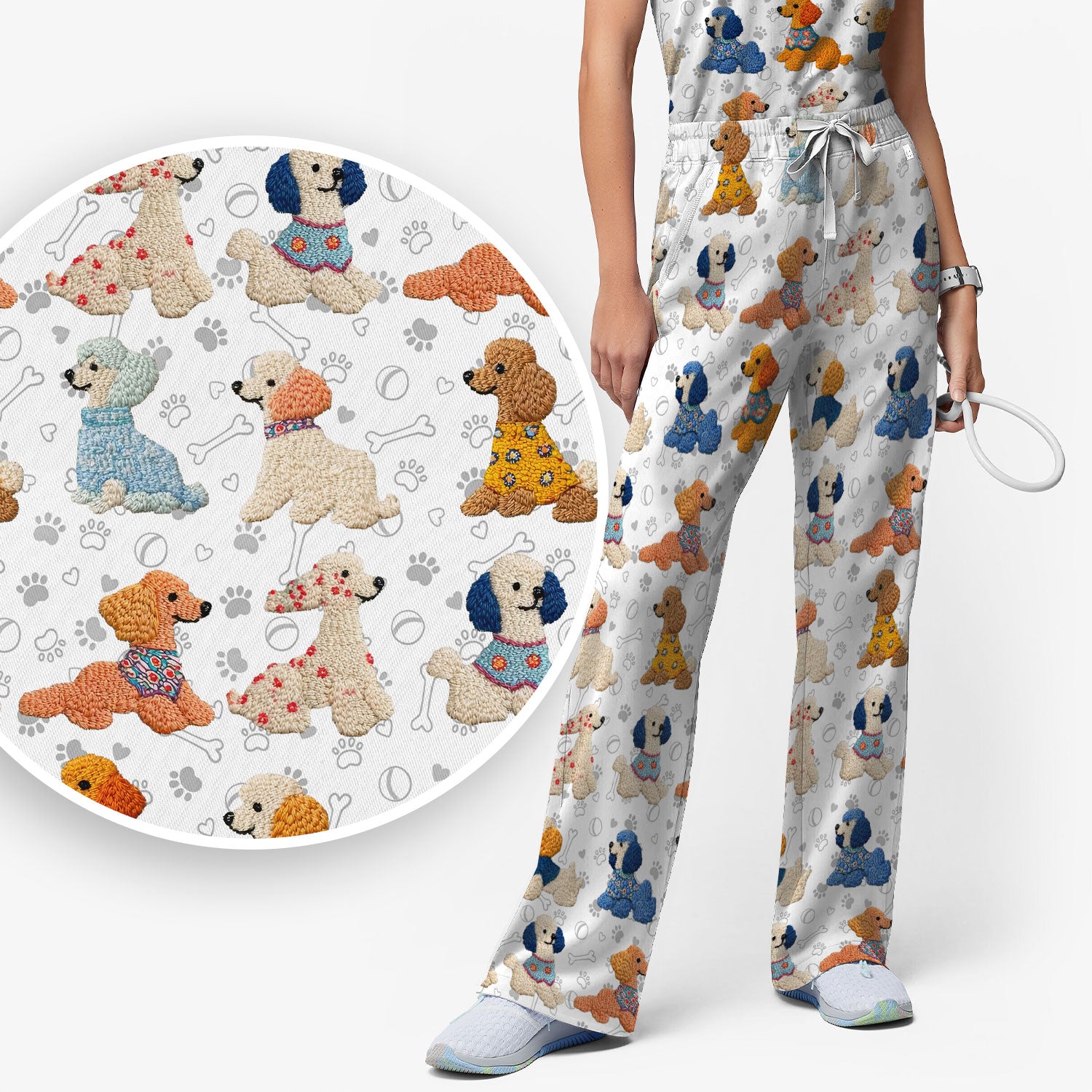 Cute Colorful Poodle Pattern Scrub Set, Scrub Pants and V Neck Top