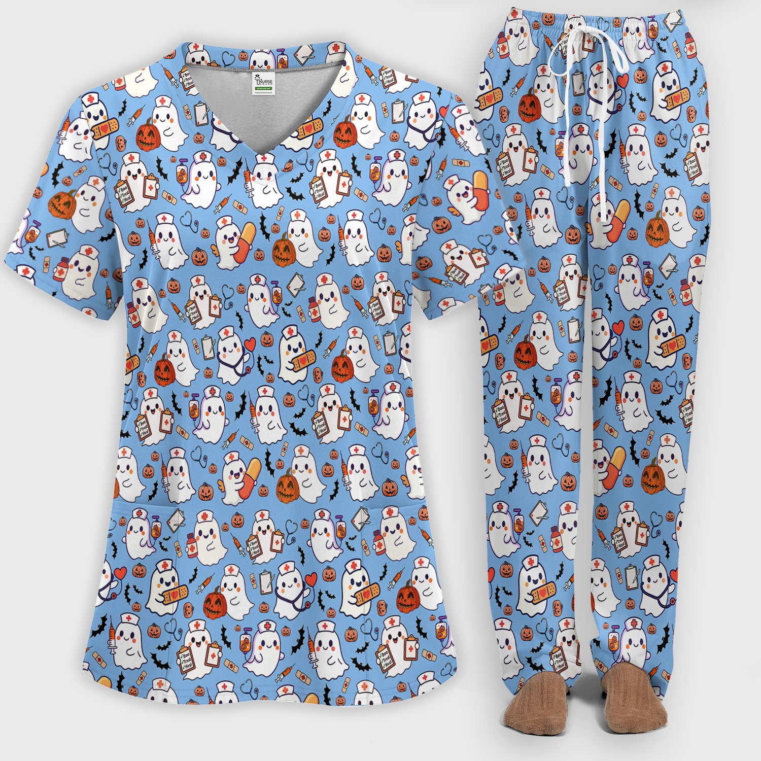 Halloween Women's Scrub Sets - Comfortable Scrubs for Nurses - Pumpkin Ghost Scrub Pants and V Neck Top - Breathable Med Uniform