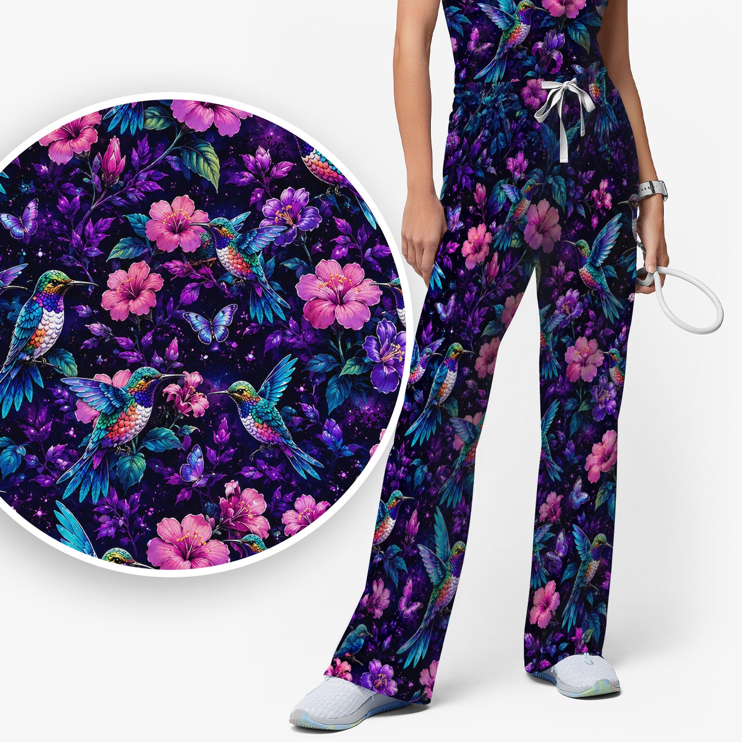 Vibrant Hummingbird Hibiscus Blossom Pattern Scrub Set, Scrub Pants and V Neck Top