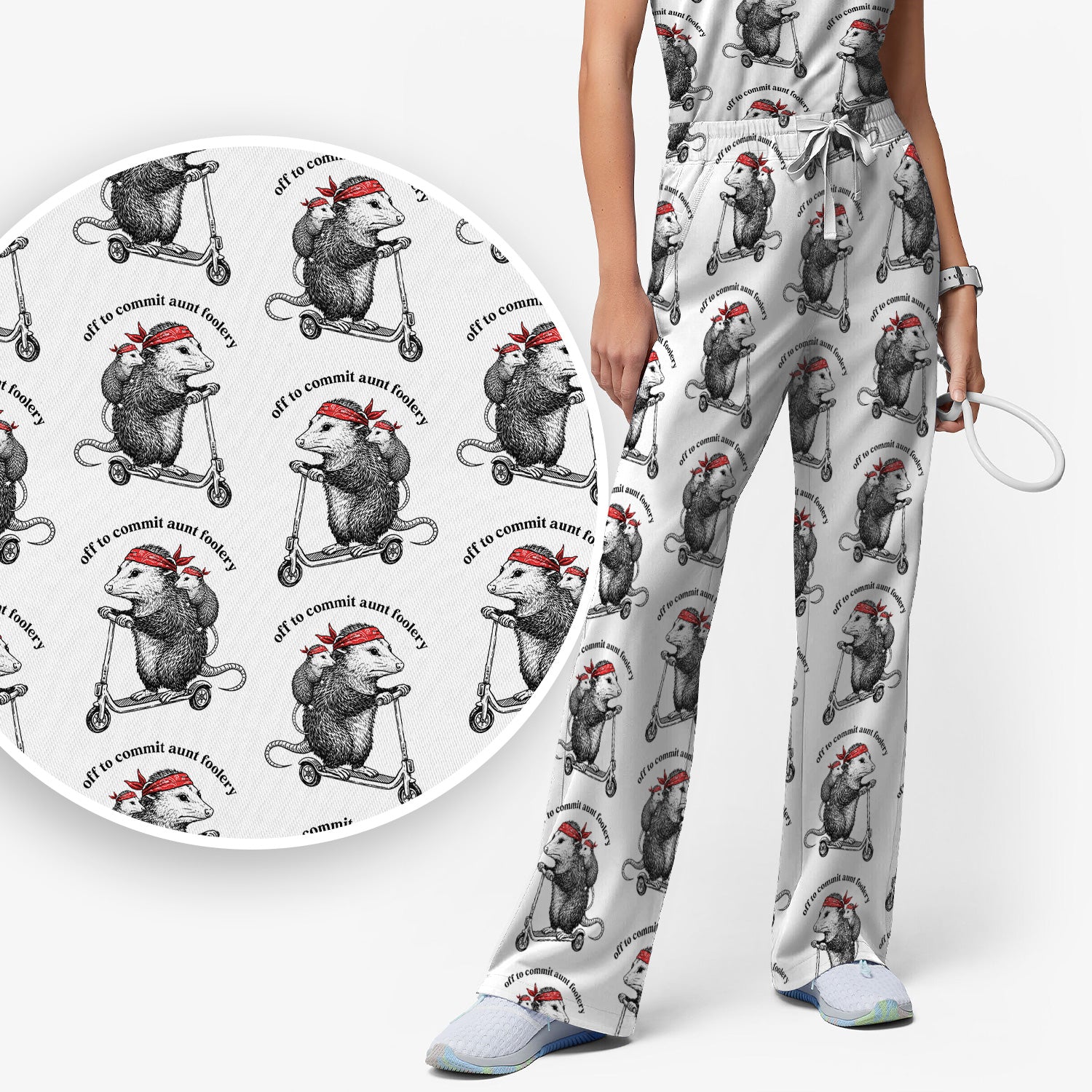 Aunt Foolery Opossum Pattern Scrub Set, Scrub Pants and V Neck Top