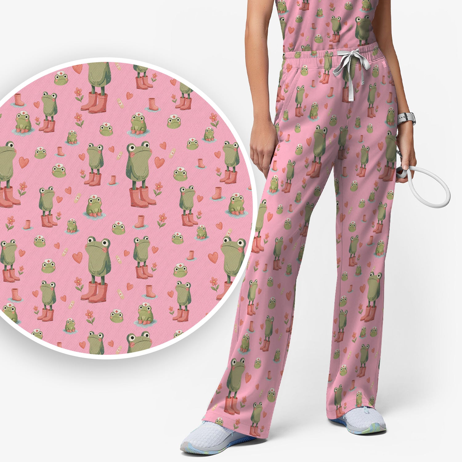 Adorable Frog Boots Heart Pattern Scrub Set, Nurse Uniform Scrubs Set