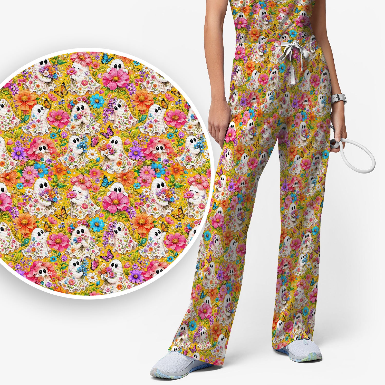 Cute Floral Ghosts And Butterflies Scrub Set, Scrub Pants and V Neck Top