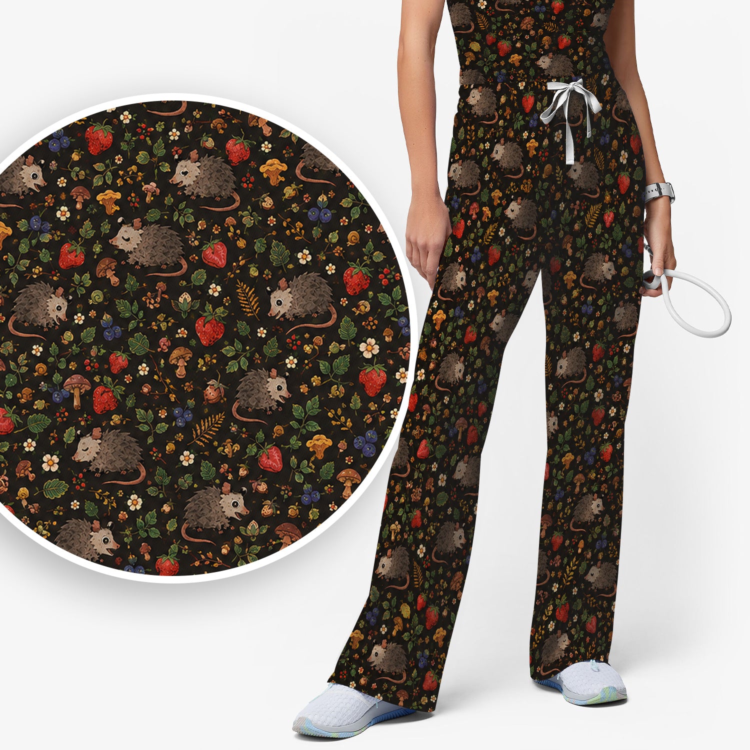 Woodland Opossum Berry Mushroom Pattern Scrub Set, Scrub Pants and V Neck Top