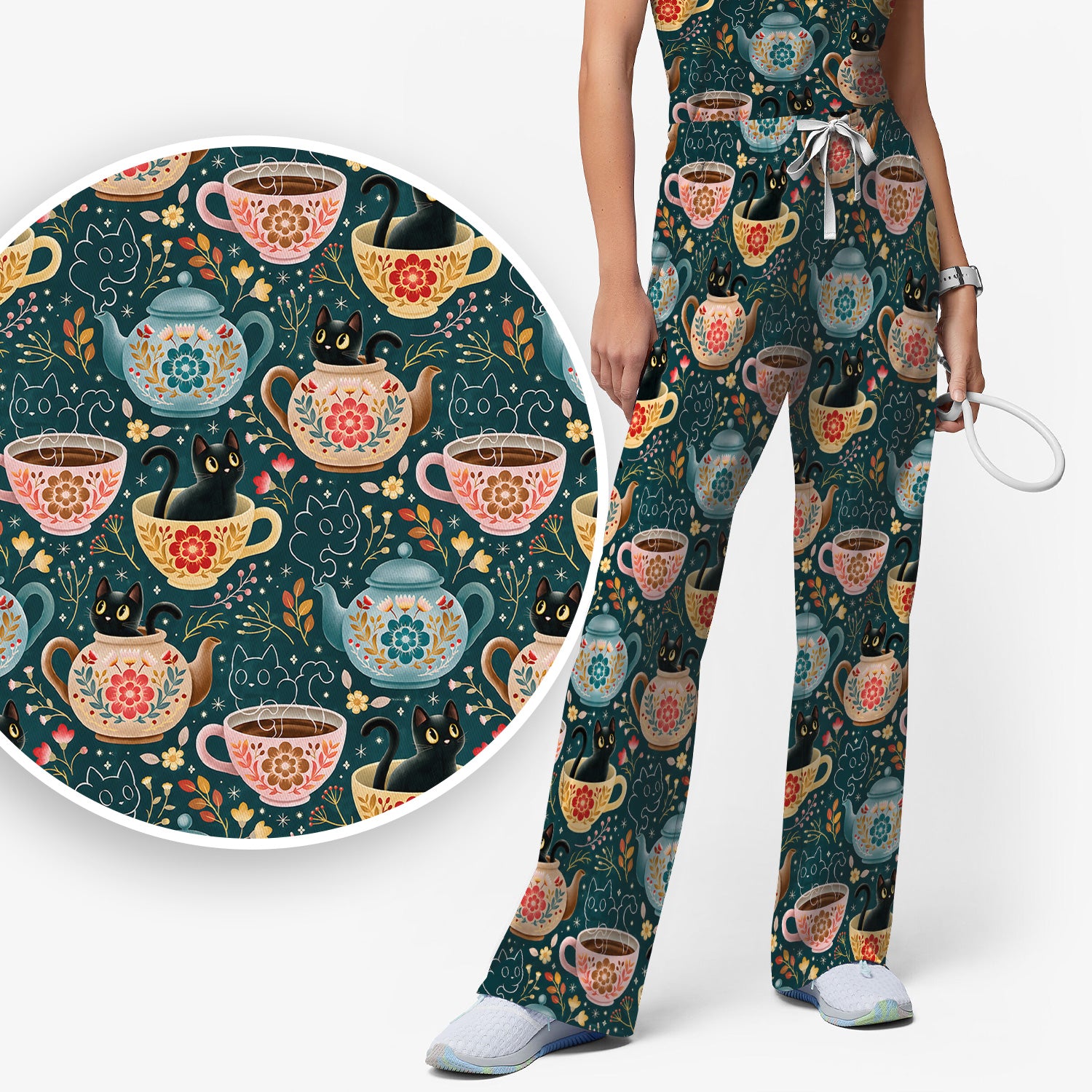 Black Cat Tea Party Veterinary Pattern Scrub Set, Scrub Pants and V Neck Top