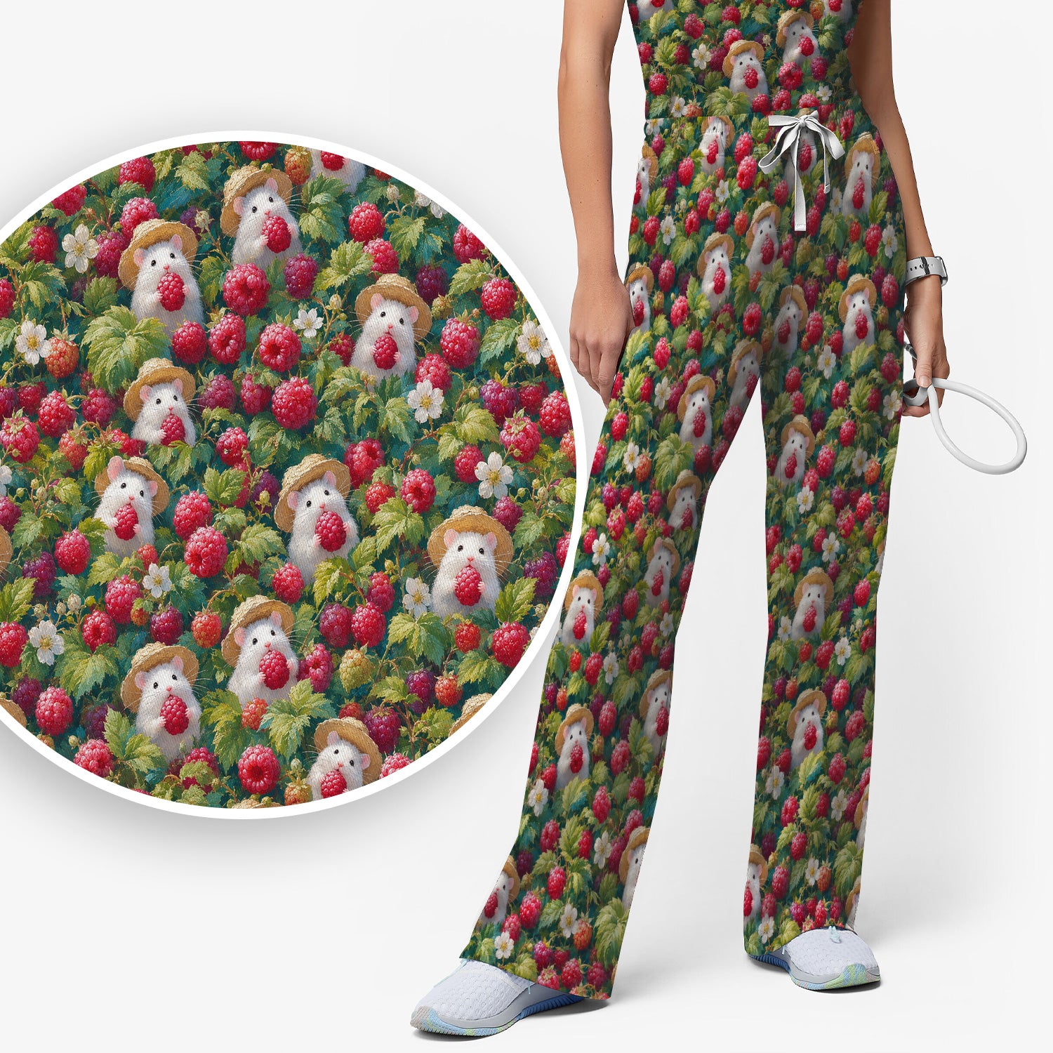 Cute Raspberry Mouse Garden Pattern Scrub Set, Scrub Pants and V Neck Top