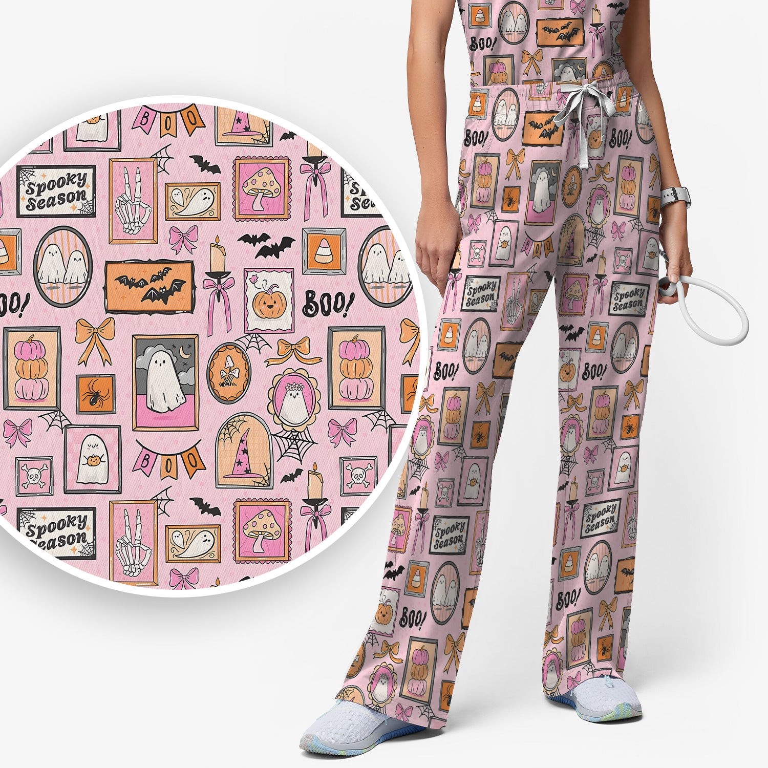 Pink Halloween Ghost Gallery Print Scrub Set, Scrub Pants and V Neck Top