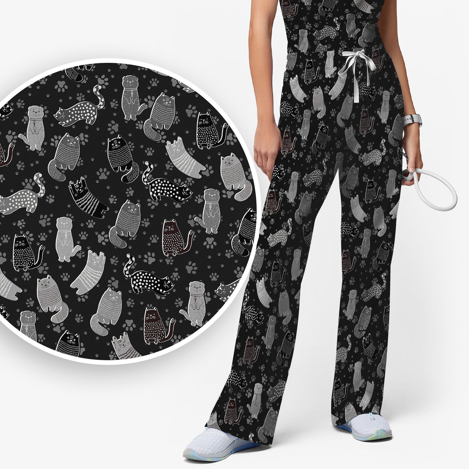 Cute Cat and Paw Print Pattern Scrub Set, Breathable Med Uniform