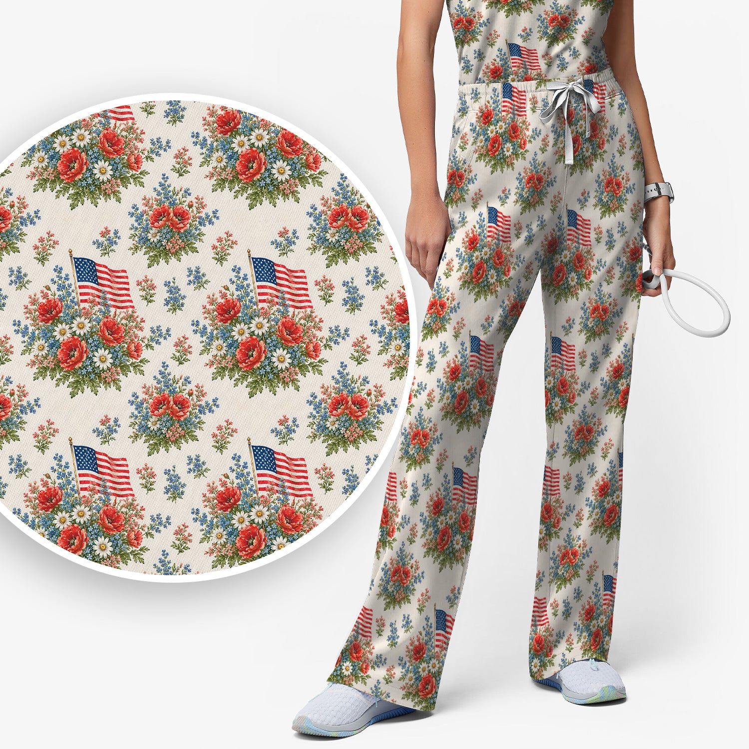 Patriotic Floral With USA Flag Pattern Scrub Set, Scrub Pants and V Neck Top