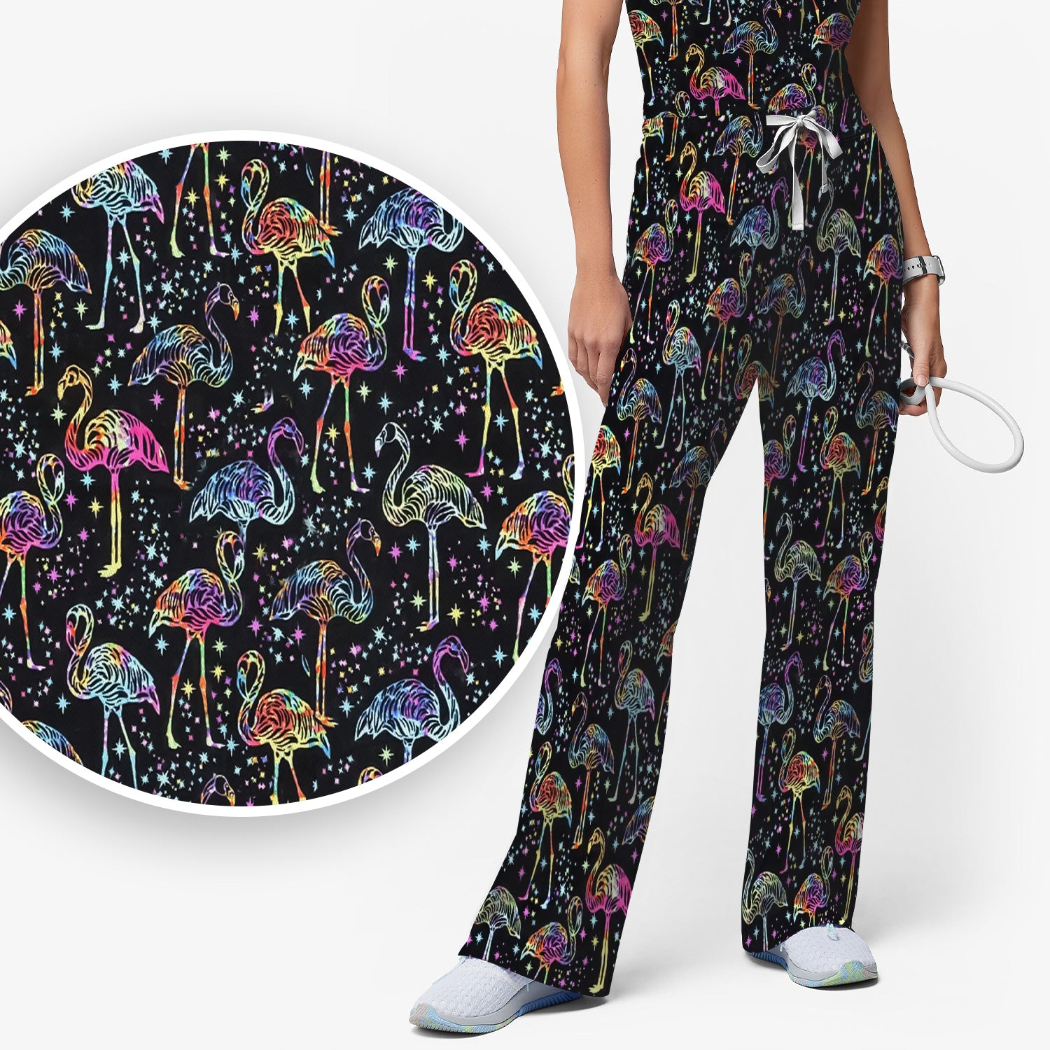 Neon Flamingo Starry Night Pattern Scrub Set, Scrub Pants and V Neck Top