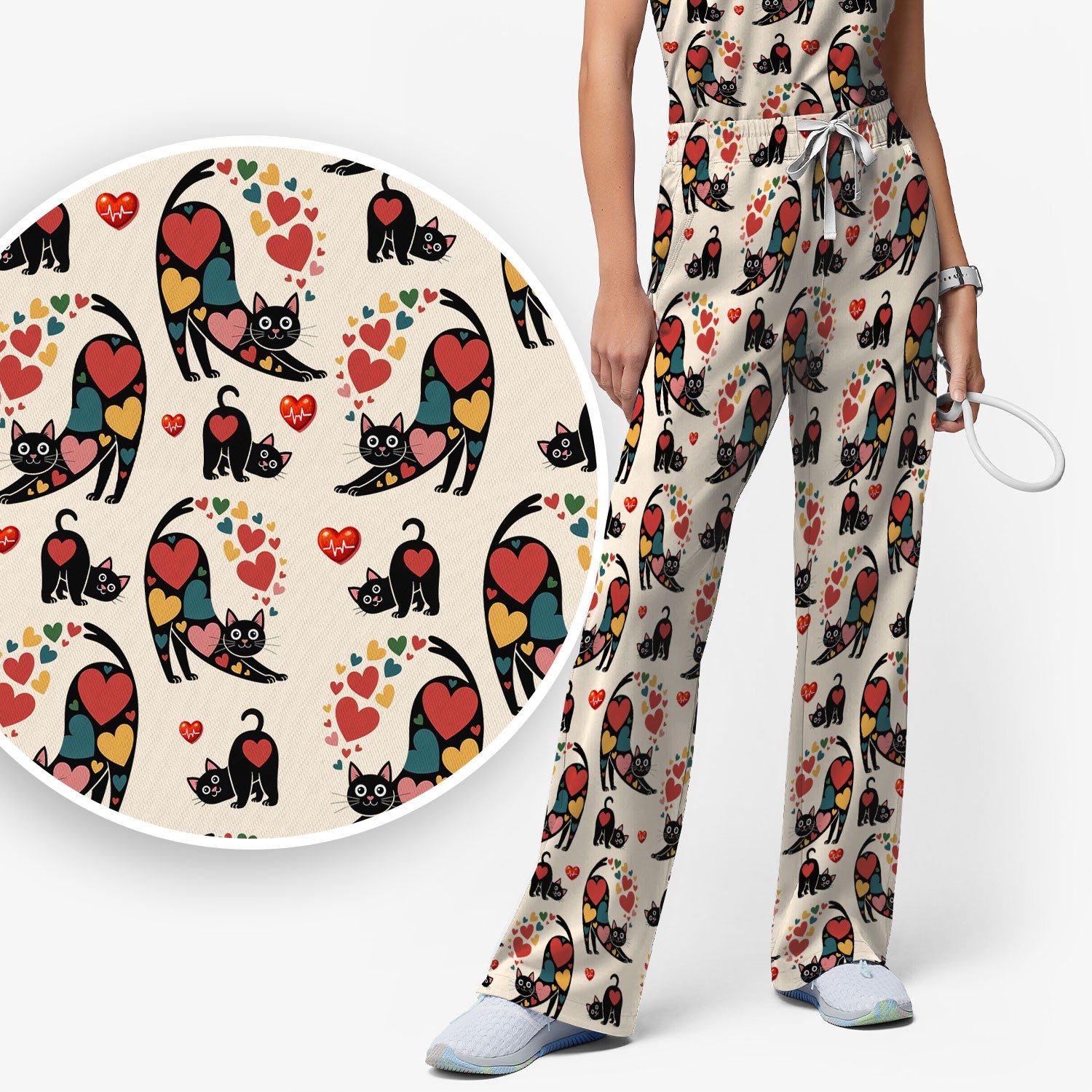 Playful Cat Valentine Heart Print Medical Scrub Set, Breathable Med Uniform