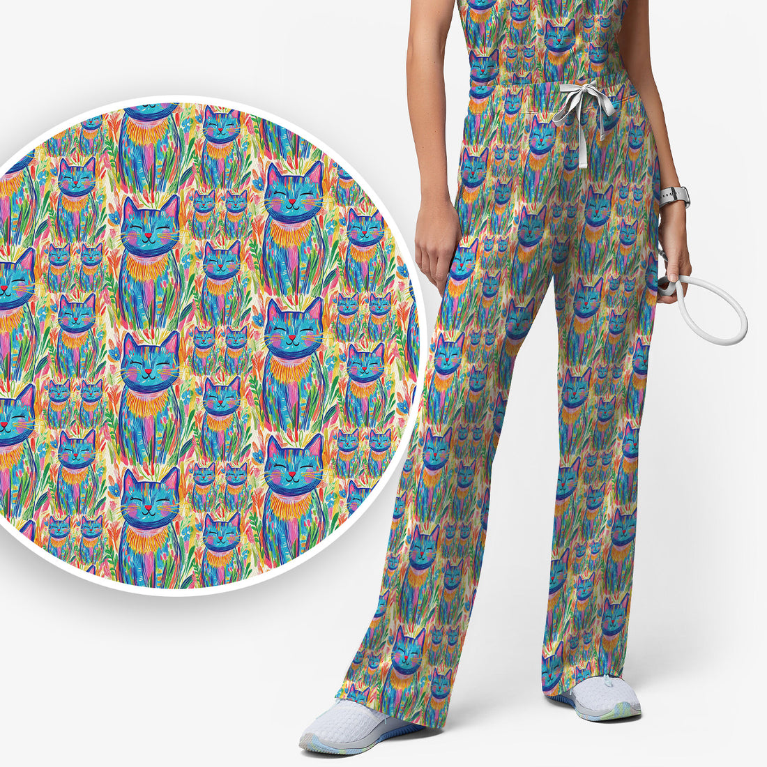Colorful Rainbow Cat With Floral Brushstroke Scrub Set, Scrub Pants and V Neck Top