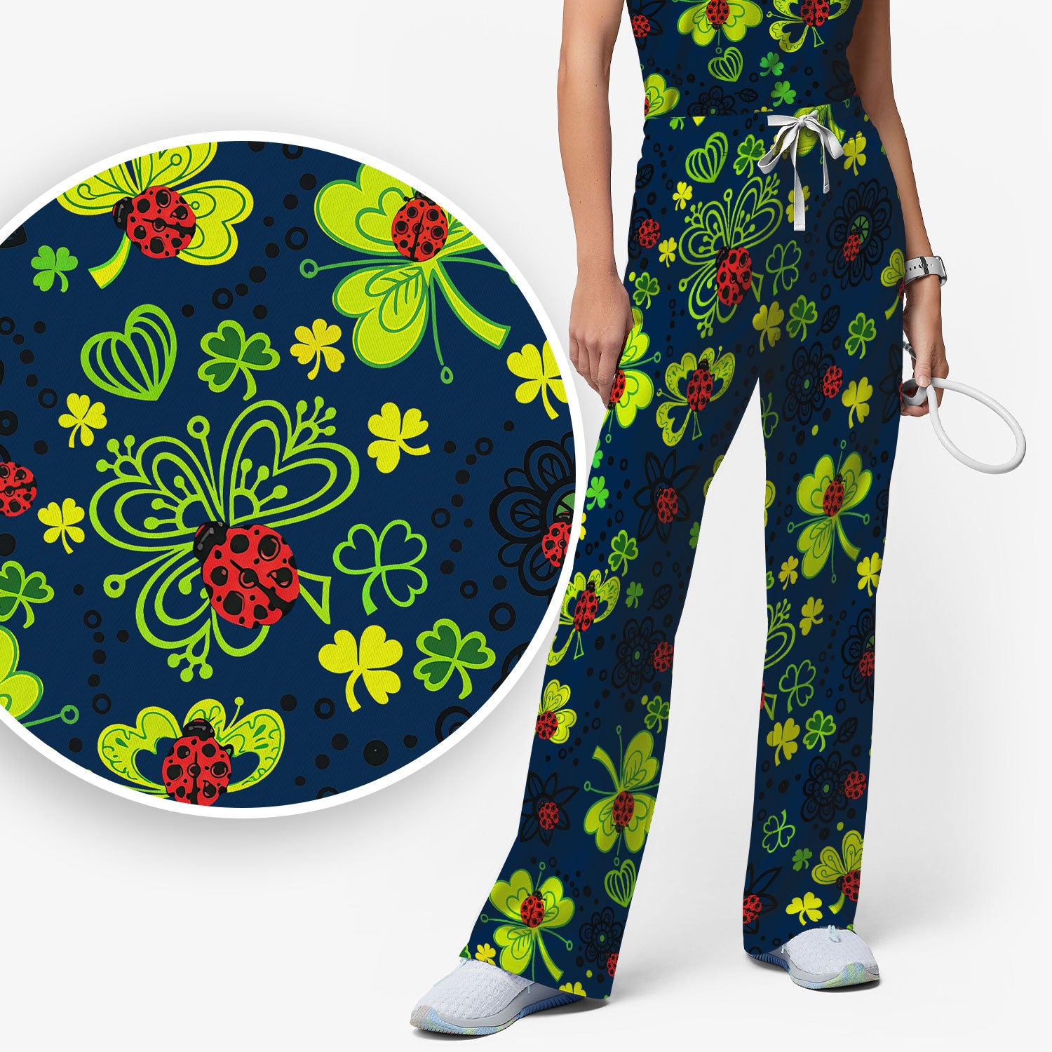 Ladybug Clover Floral Pattern Print Scrub Sets, Scrub Pants and V Neck Top