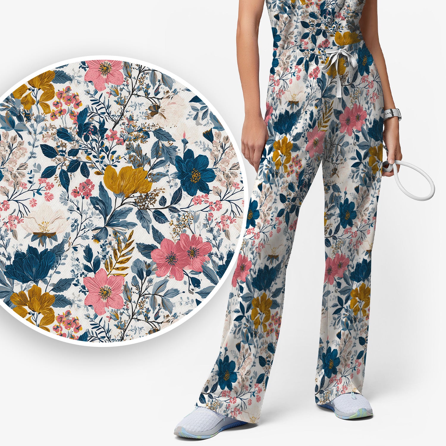 Elegant Floral Garden Bloom Pattern Scrub Set, Scrub Pants and V Neck Top