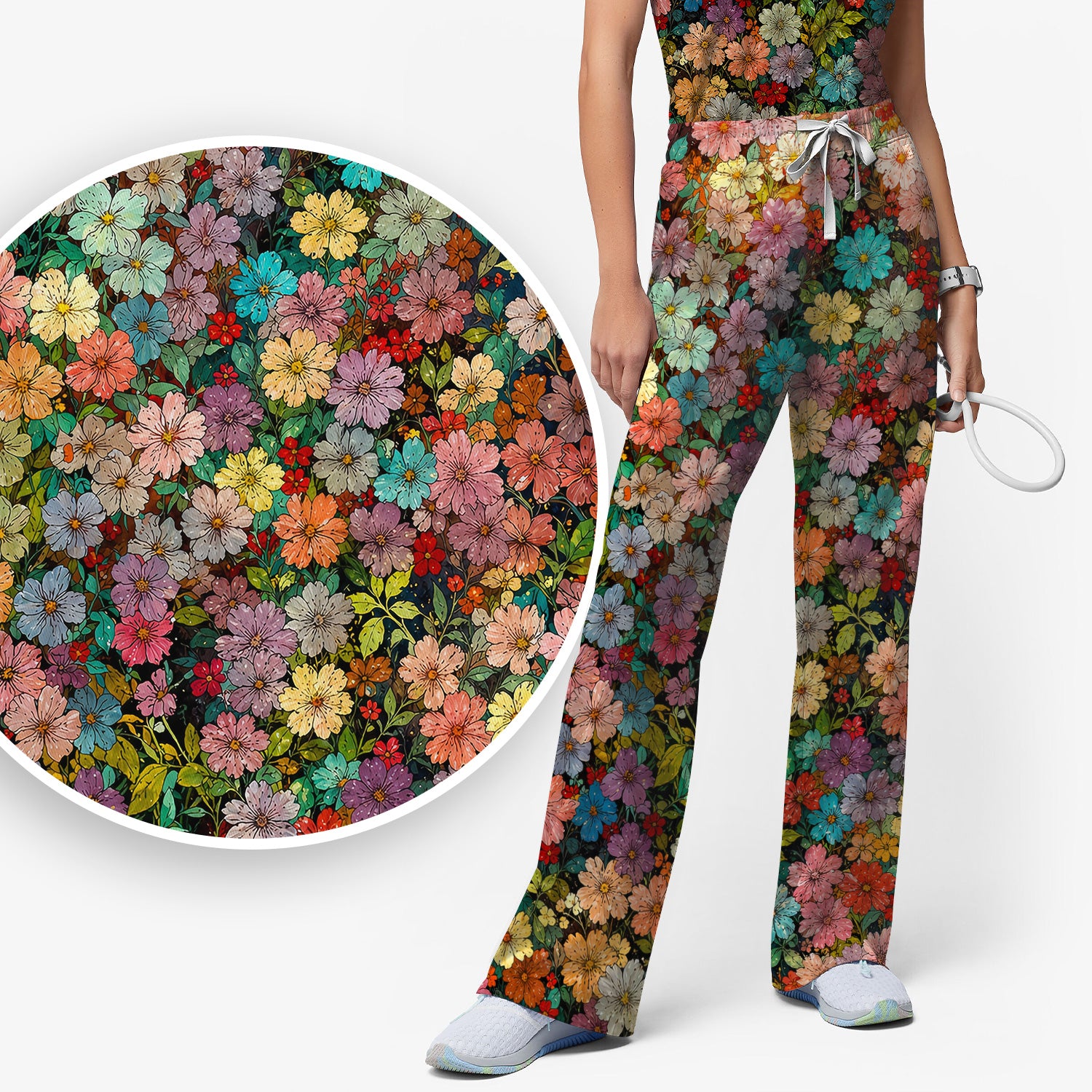 Colorful Wildflower Garden Bloom Pattern Scrub Set, Scrub Pants and V Neck Top