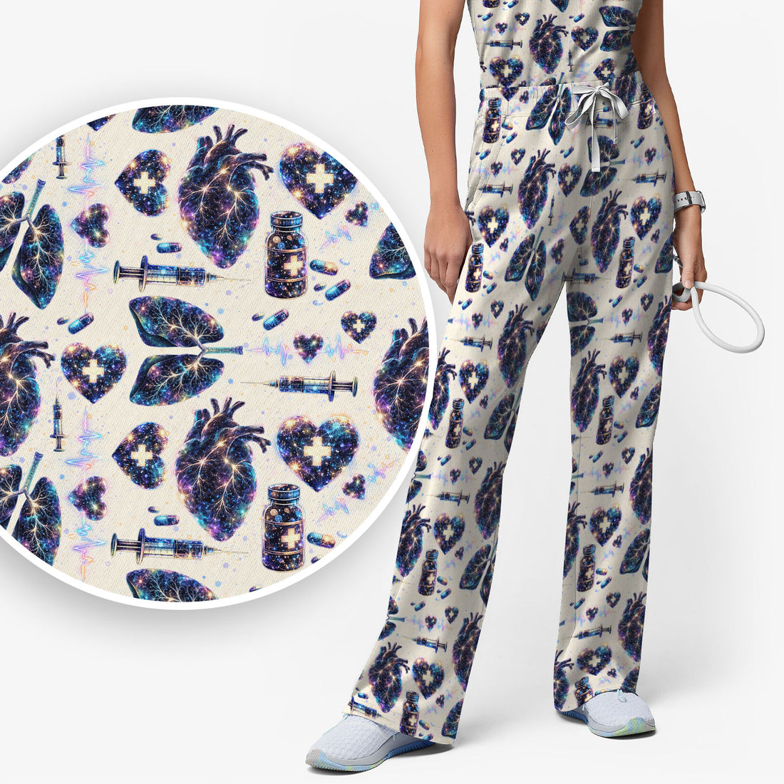 Galaxy Anatomical Heart Lung Syringe Print Scrub Set, Breathable Med Uniform