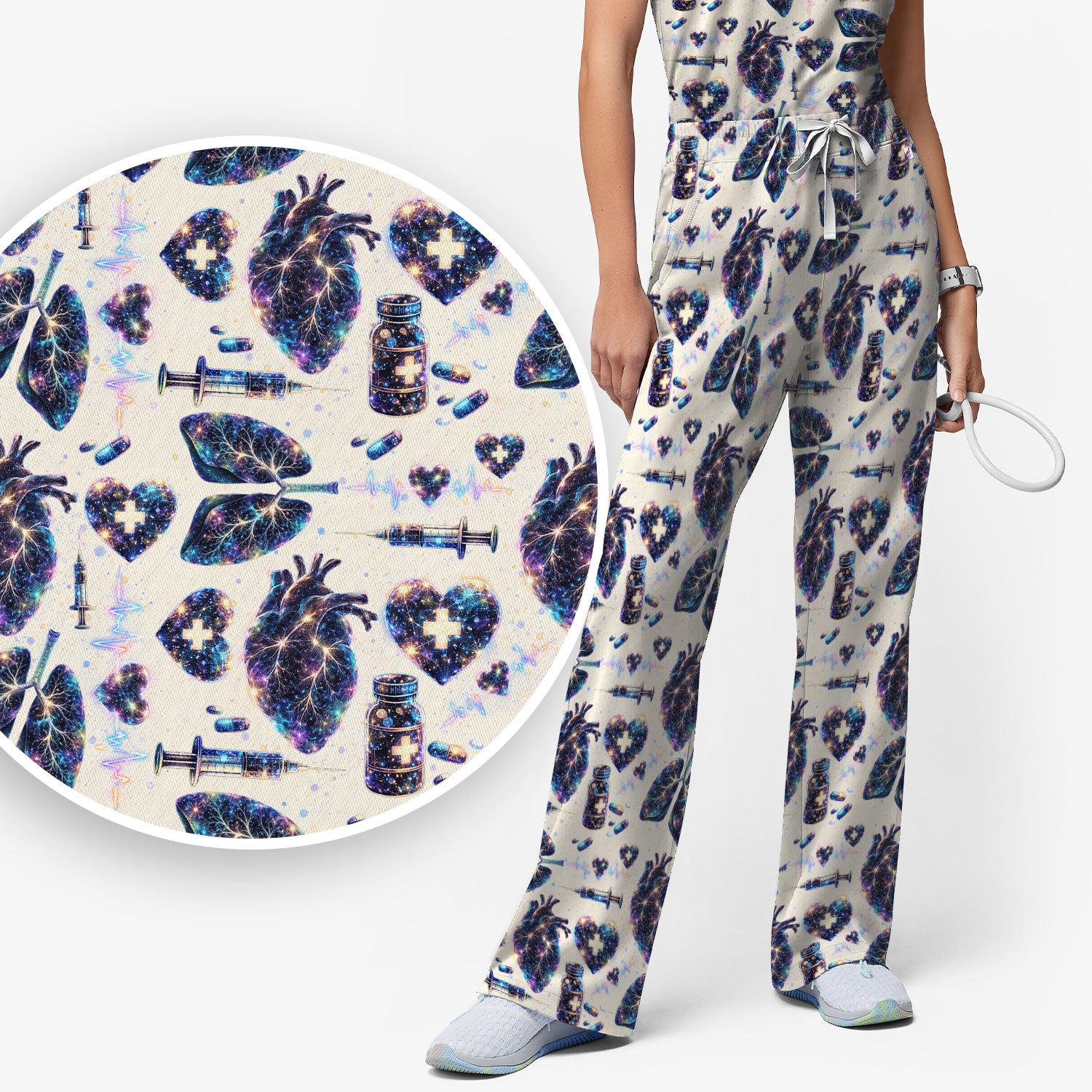 Galaxy Anatomical Heart Lung Syringe Print Scrub Set, Breathable Med Uniform