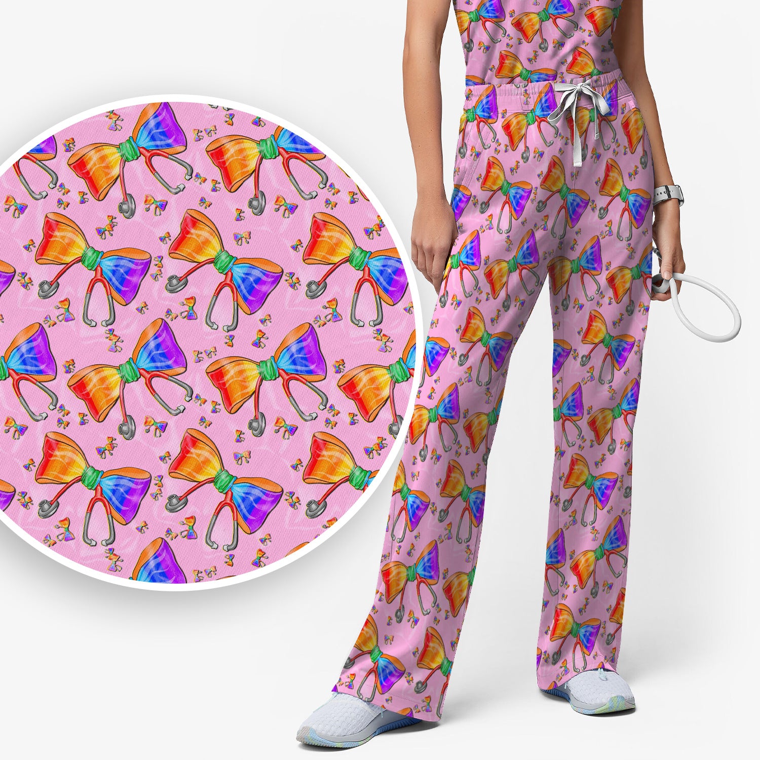 Colorful Rainbow Bow Stethoscope Pattern Scrub Top, Breathable Fabrics Nursing Uniform