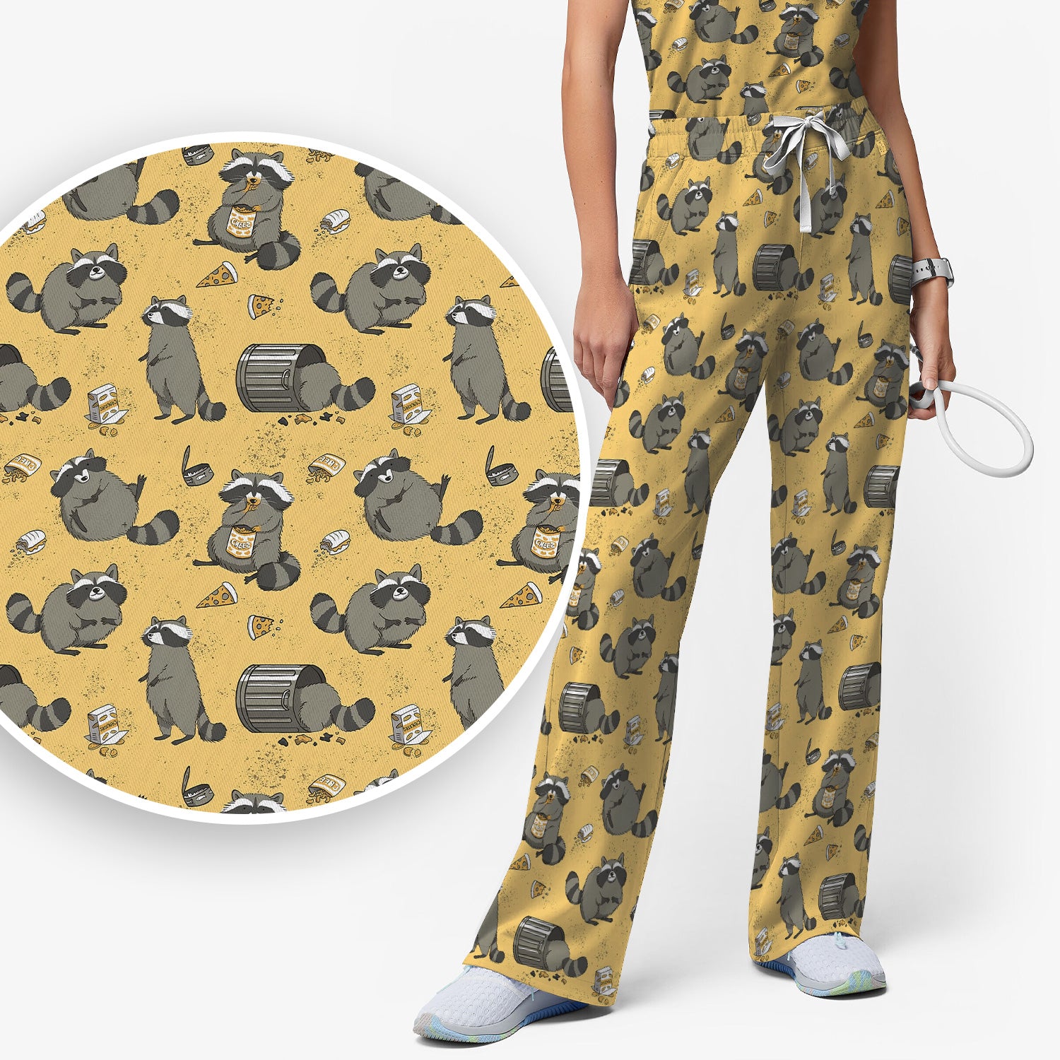 Raccoon Snack And Trash Can Pattern Scrub Set, Breathable Med Uniform
