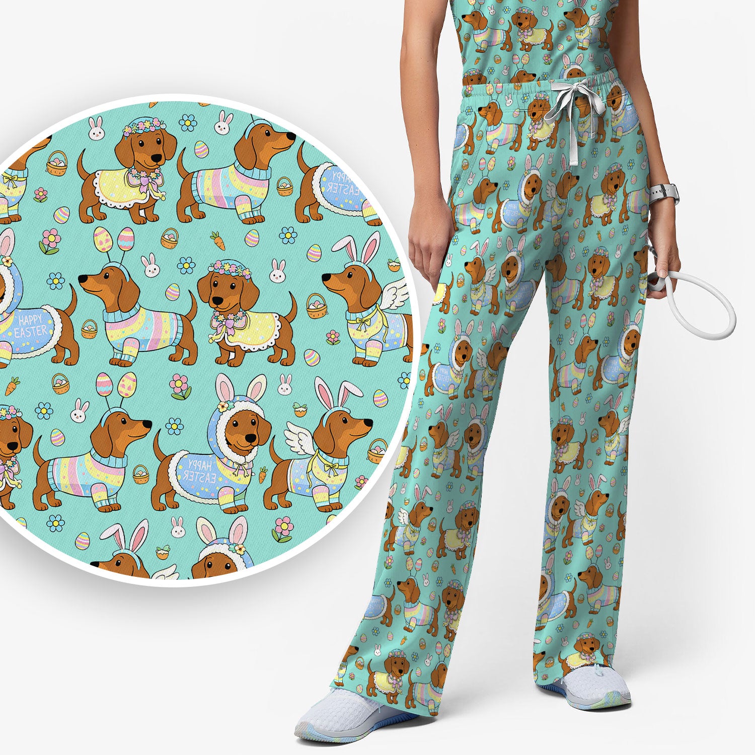 Easter Dachshund Bunny Pattern Scrub Set, Scrub Pants and V Neck Top