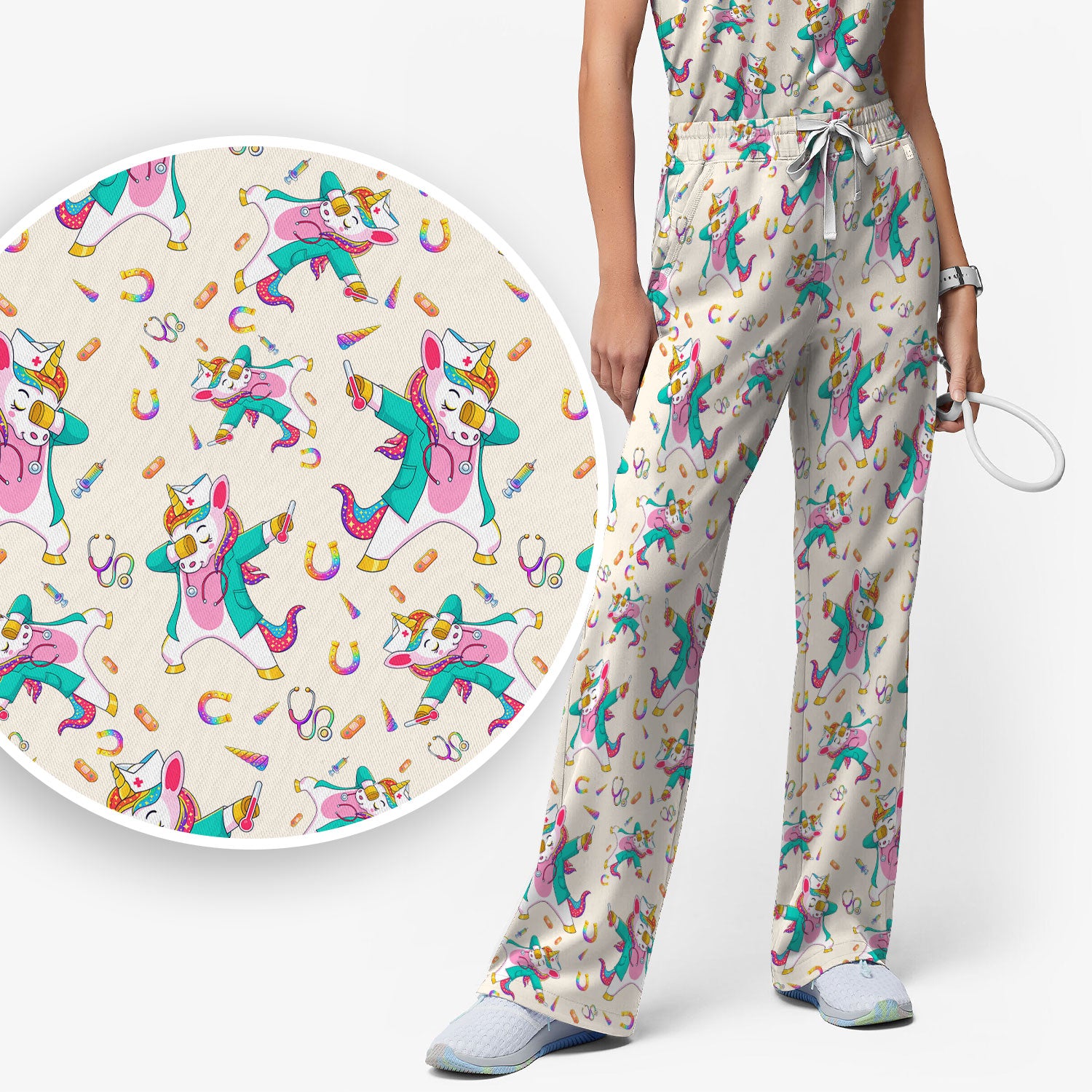 Cute Unicorn Nurse Dance Pattern Women's Sets, Scrub Pants and V Neck Top