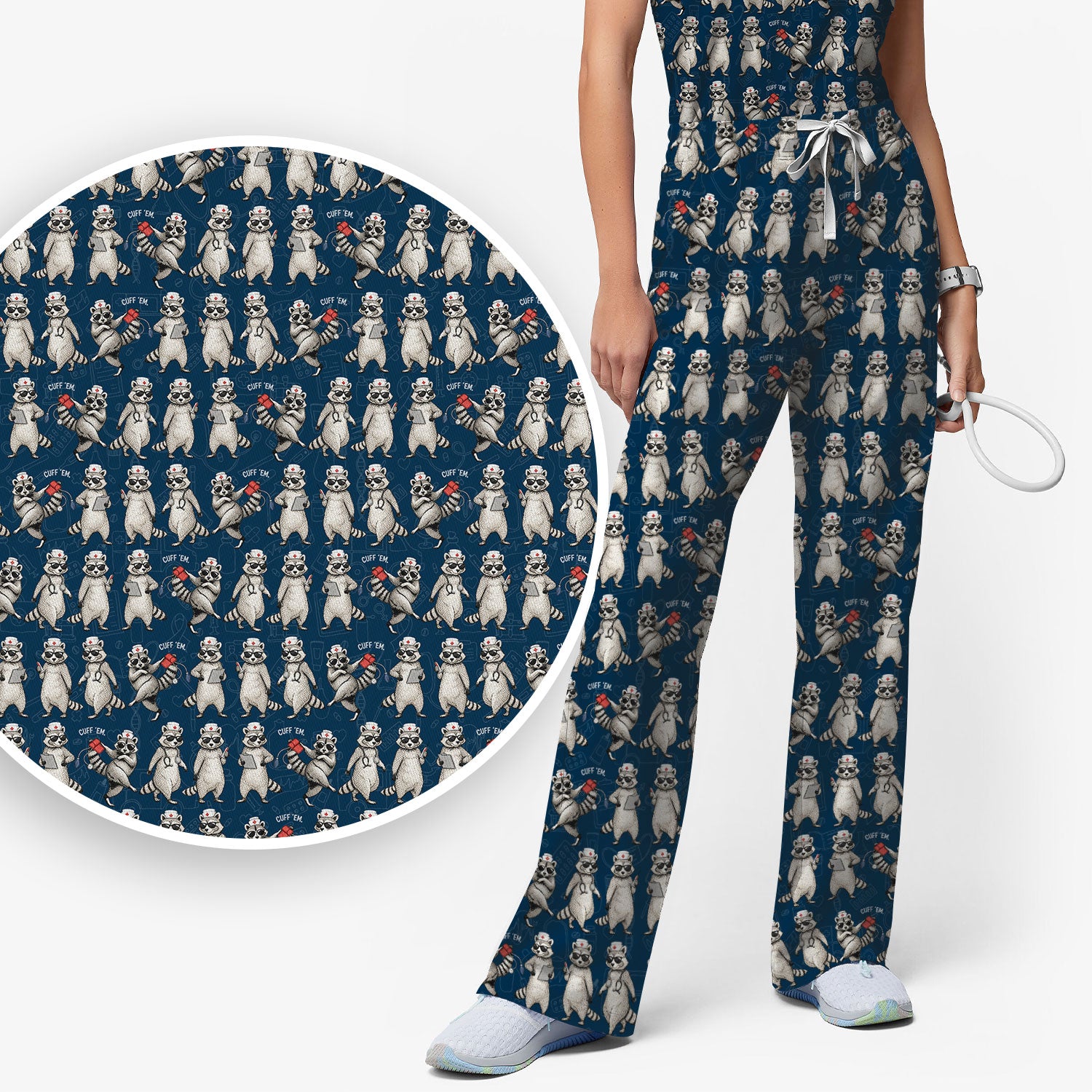 Funny Raccoon Nurse Pattern Scrub Set, Scrub Pants and V Neck Top