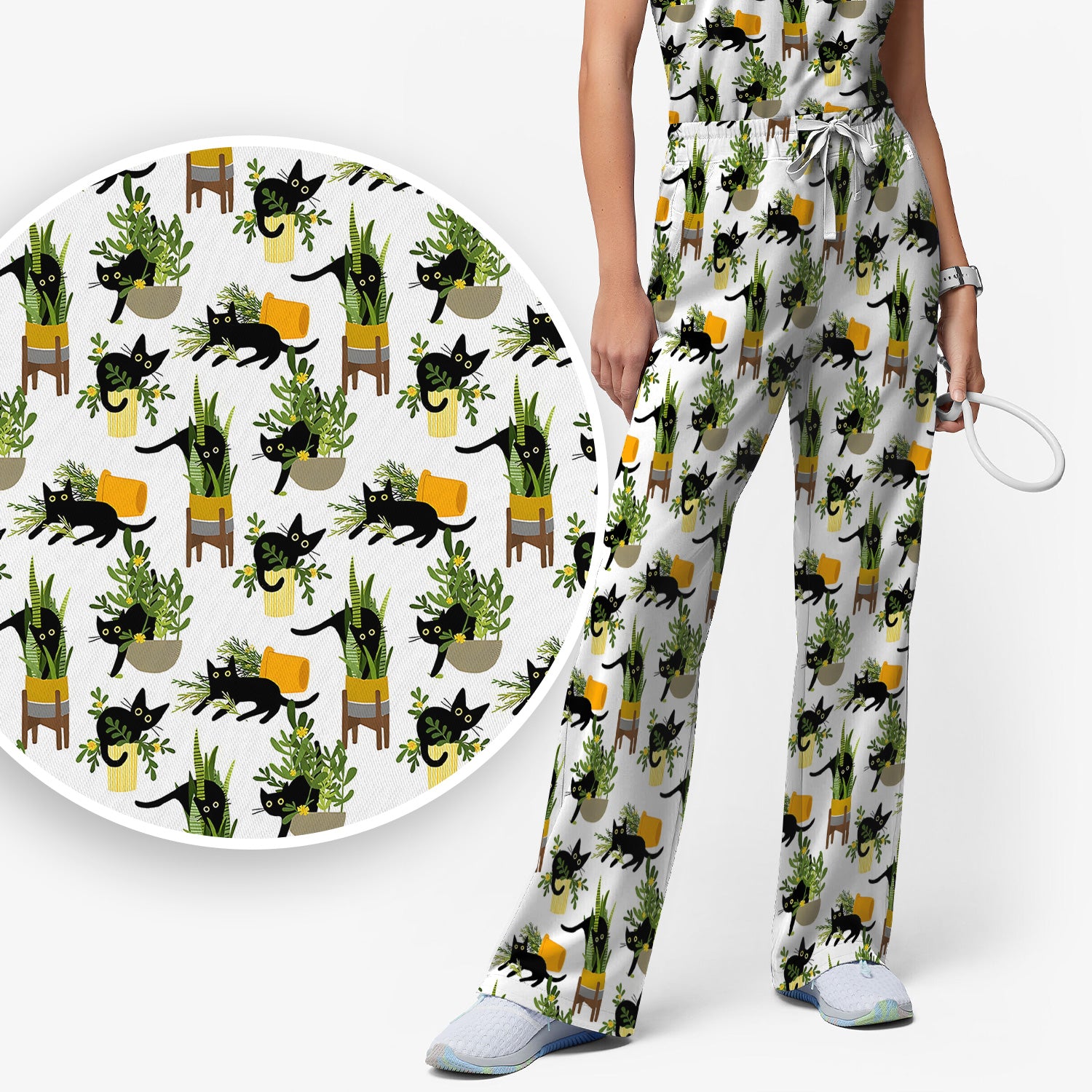 Black Cat Plant Pots Pattern Scrub Set, Scrub Pants and V Neck Top