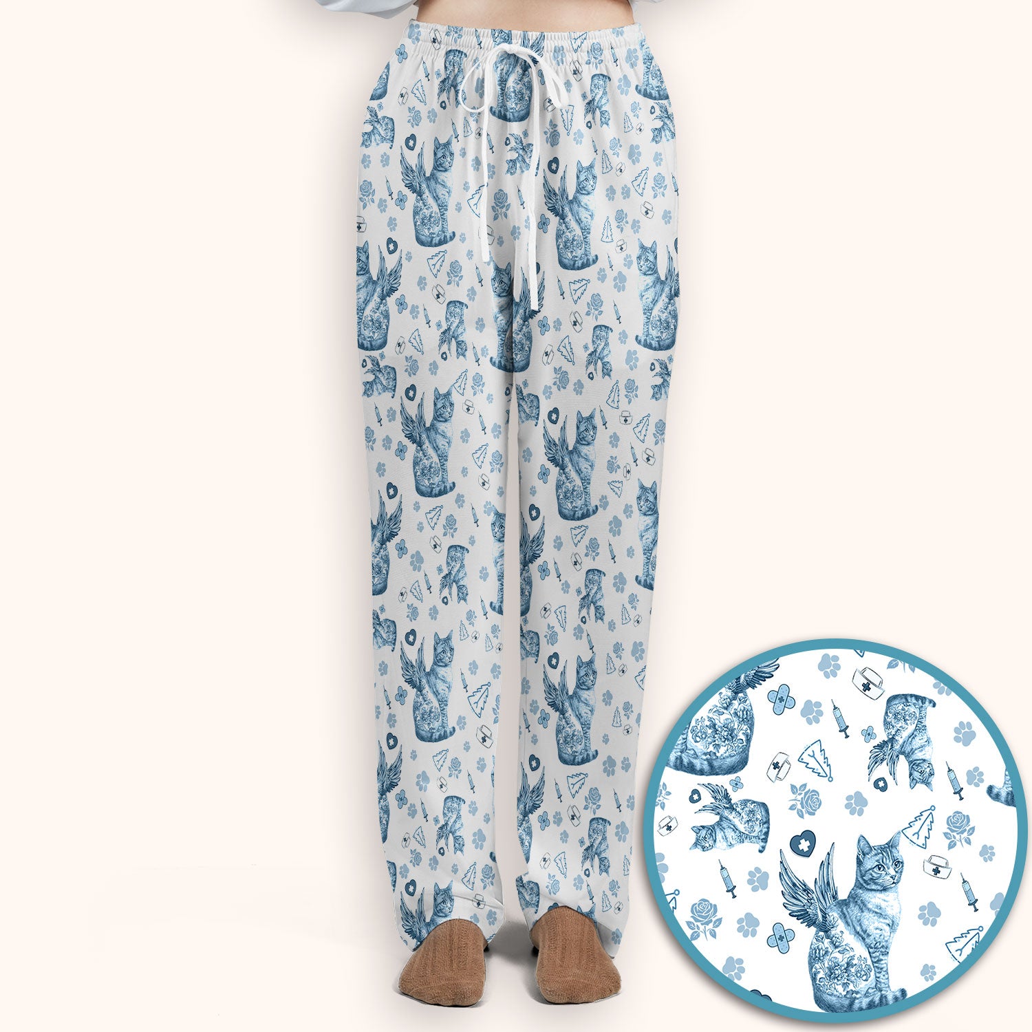 Toile de Jouy Cat Angel Scrub Set - Blue Vintage Nurse Pants and V Neck Top - French Style Medical Uniform for Women