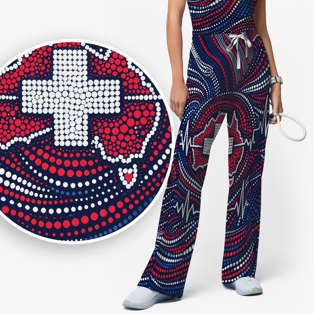 Dot Art Medical Cross Heartbeat Print Scrub, Women's Scrub Sets