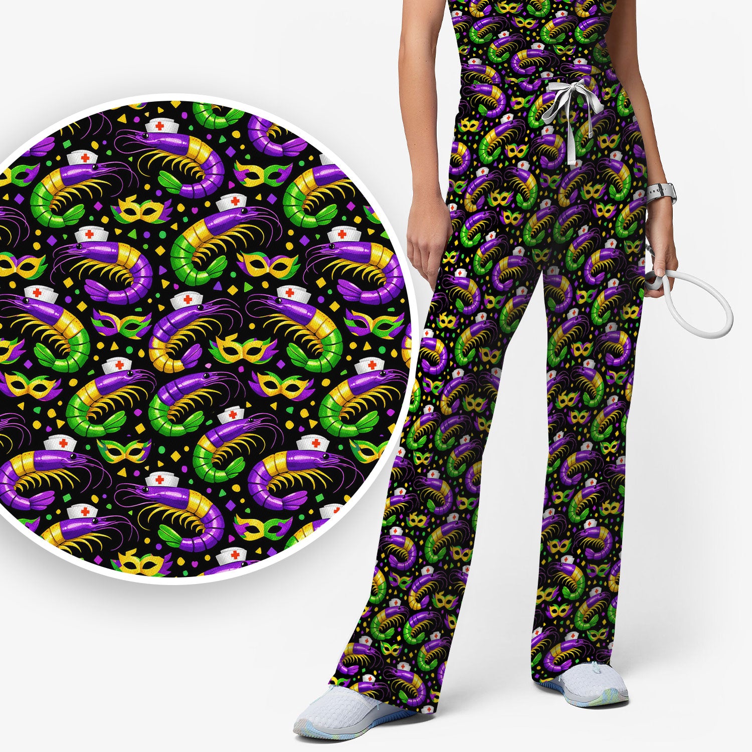 Mardi Gras Pattern Scrub Set, Crawfish Carnival Medical Nurse Scrub Shirt, Breathable Fabrics Nursing Uniform