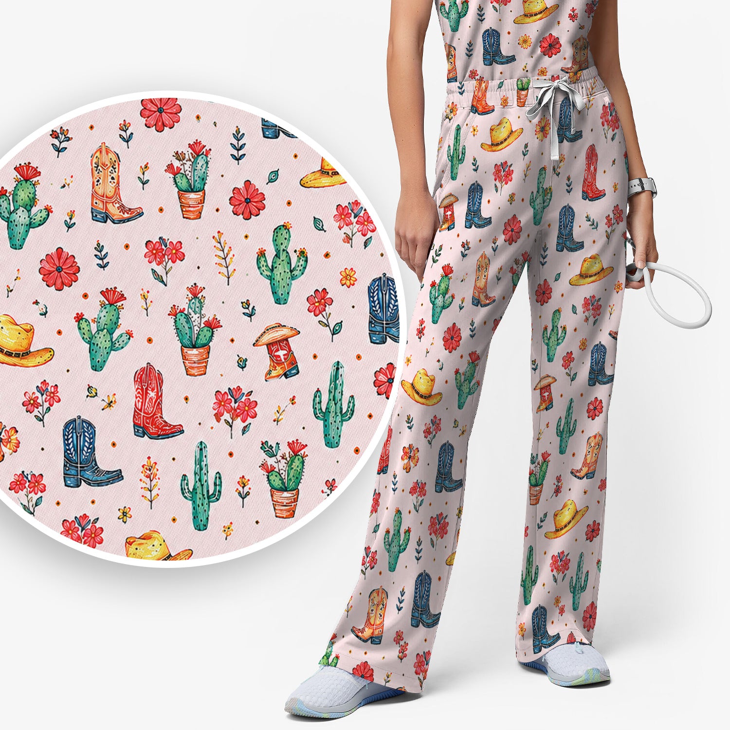 Whimsical Western Cactus Boots Pattern Scrub Set, Scrub Pants and V Neck Top