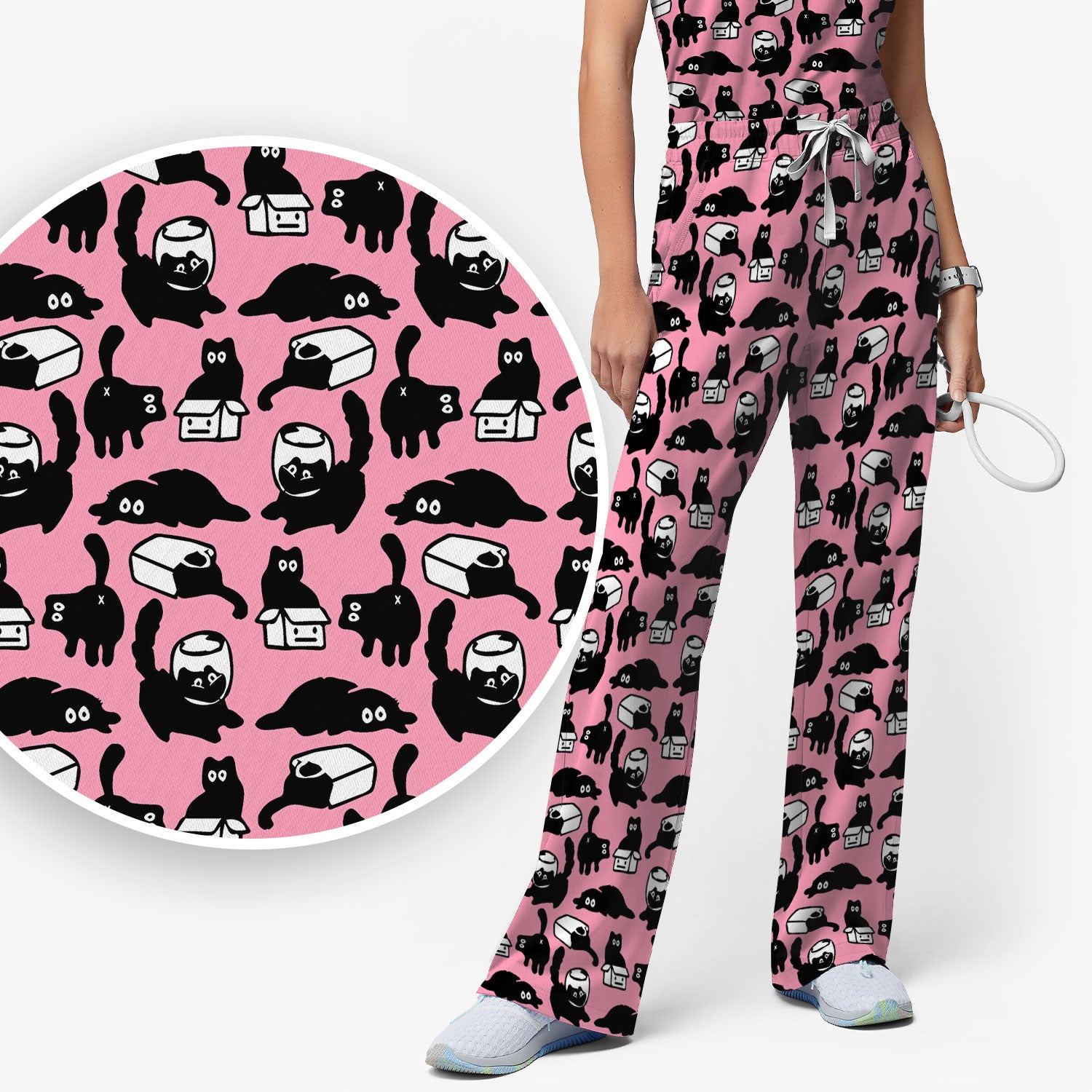 Dark Playful Cat Cartoon Pattern Scrub Set, Breathable Med Uniform