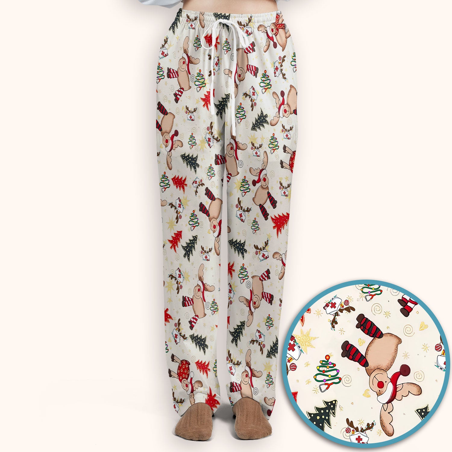 Funny Reindeer Christmas Nurse Scrub Set - Festive Holiday Medical Scrub Pants and V Neck Top - Breathable Med Uniform