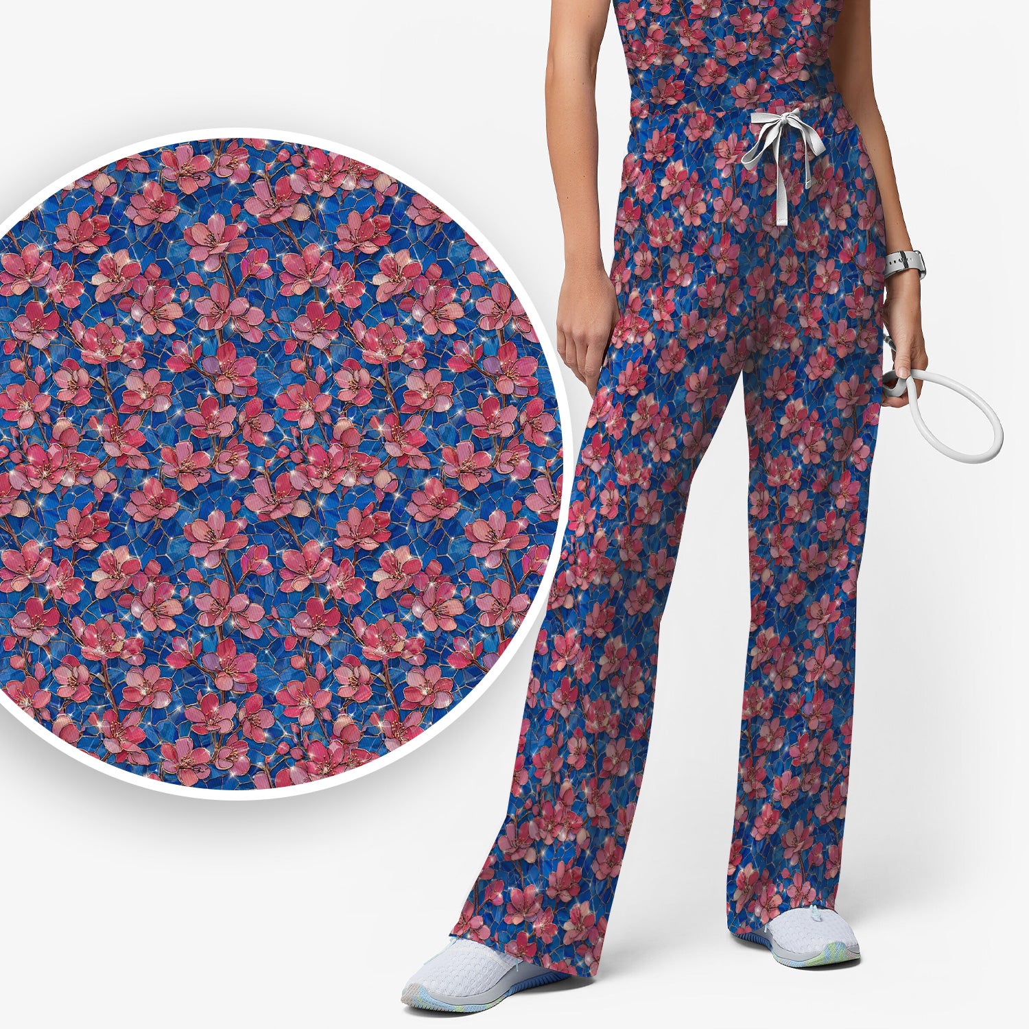 Pink Cherry Blossom Floral Pattern Scrub Set, Breathable Med Uniform