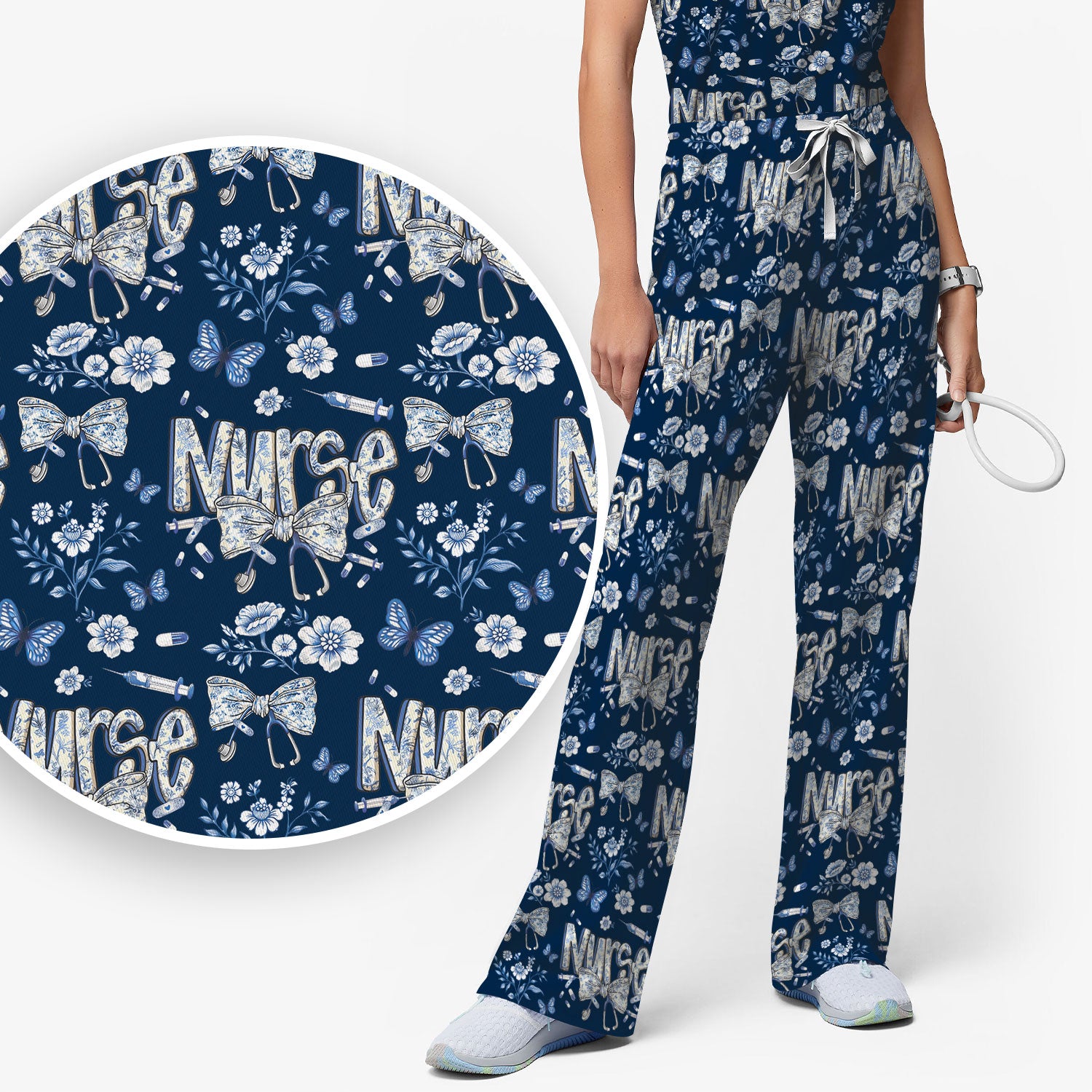 Blue Nurse Bow Butterfly Floral Pattern Scrub Set,  Breathable Med Uniform
