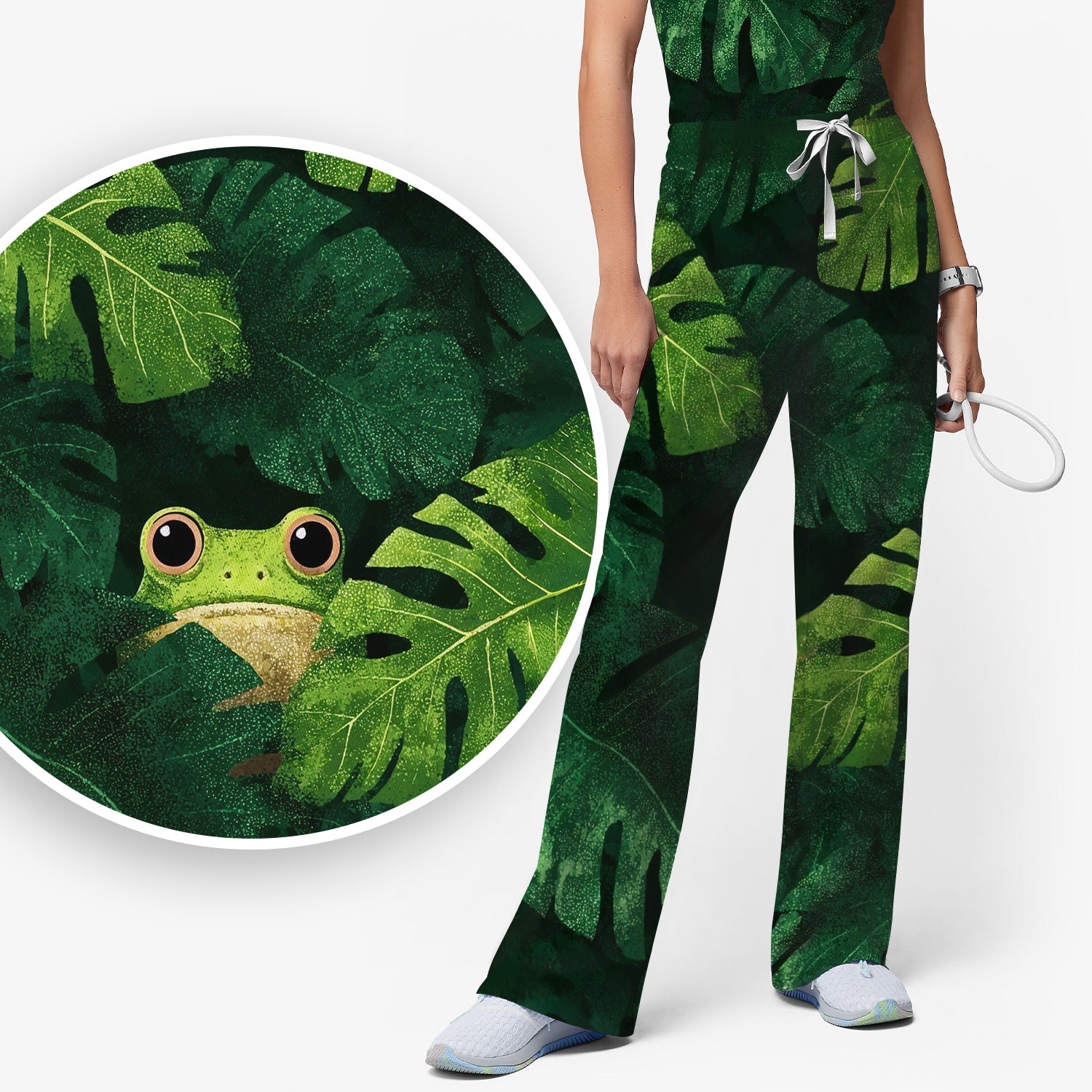 Cute Frog Hiding Jungle Leaves Pattern Nurse Scrub Set, Scrub Pants and V Neck Top