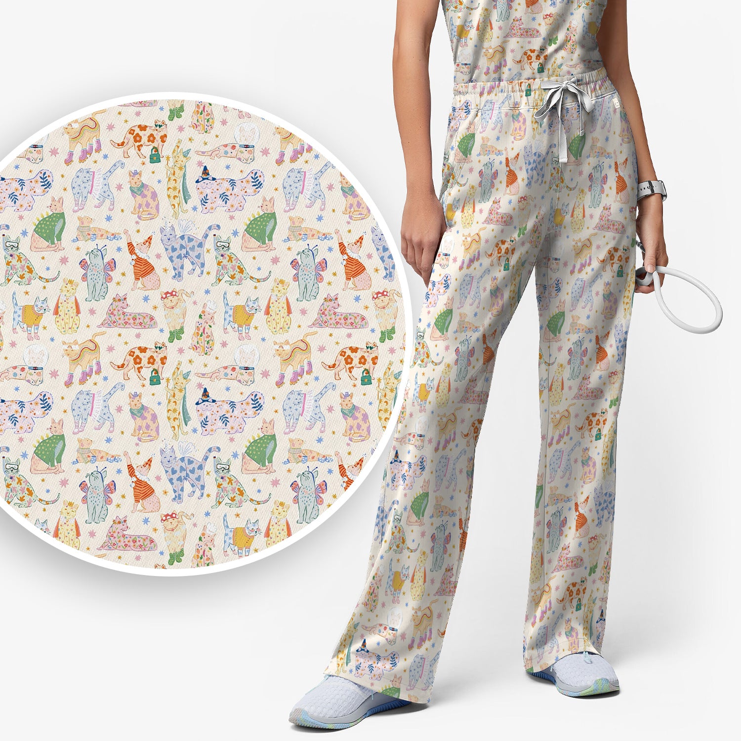 Cute Colorful Cats Pattern Scrub Set, Scrub Pants and V Neck Top