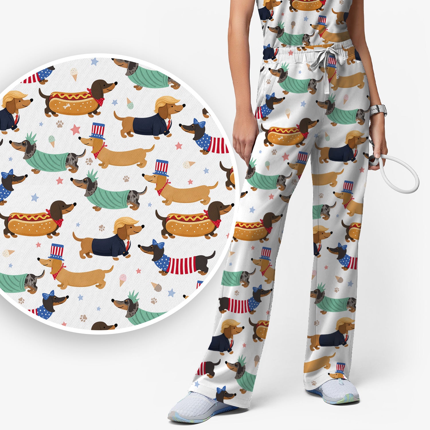 Funny Patriotic Dachshund Costume Dogs Scrub Set, Women's Scrub Sets