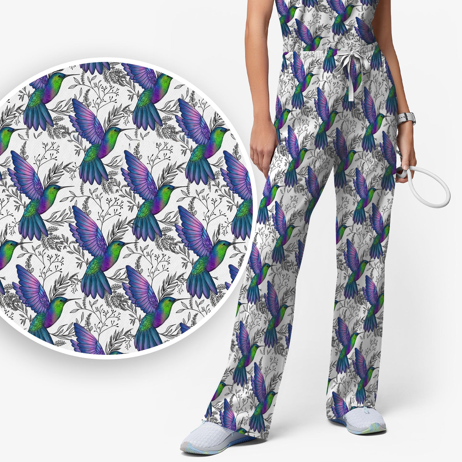 Colorful Hummingbird Flying Botanical Pattern Scrub Set, Scrub Pants and V Neck Top