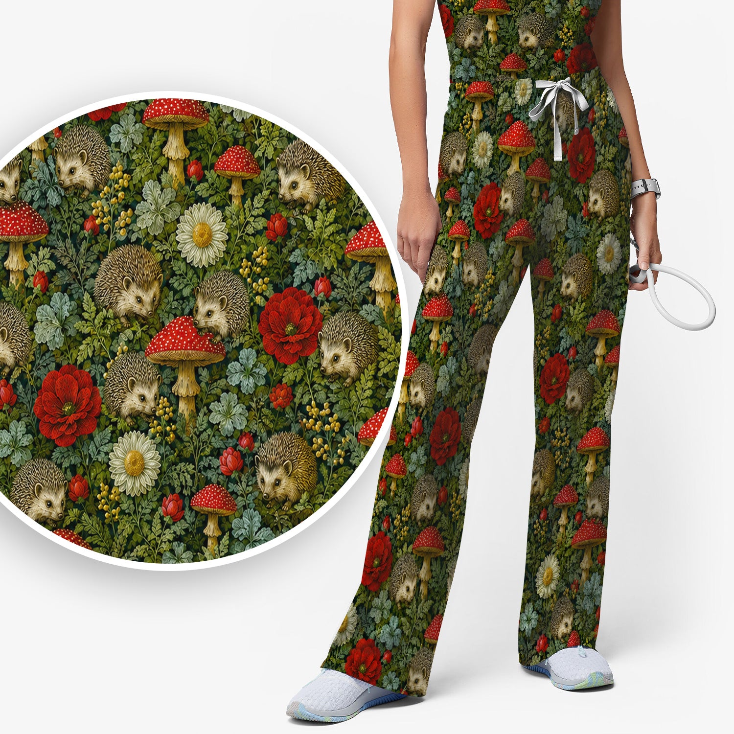 Enchanted Woodland Hedgehog Nurse for Pediatric Nurses, RN, CNA, Garden Medical Scrub Set, Scrub Pants and V Neck Top