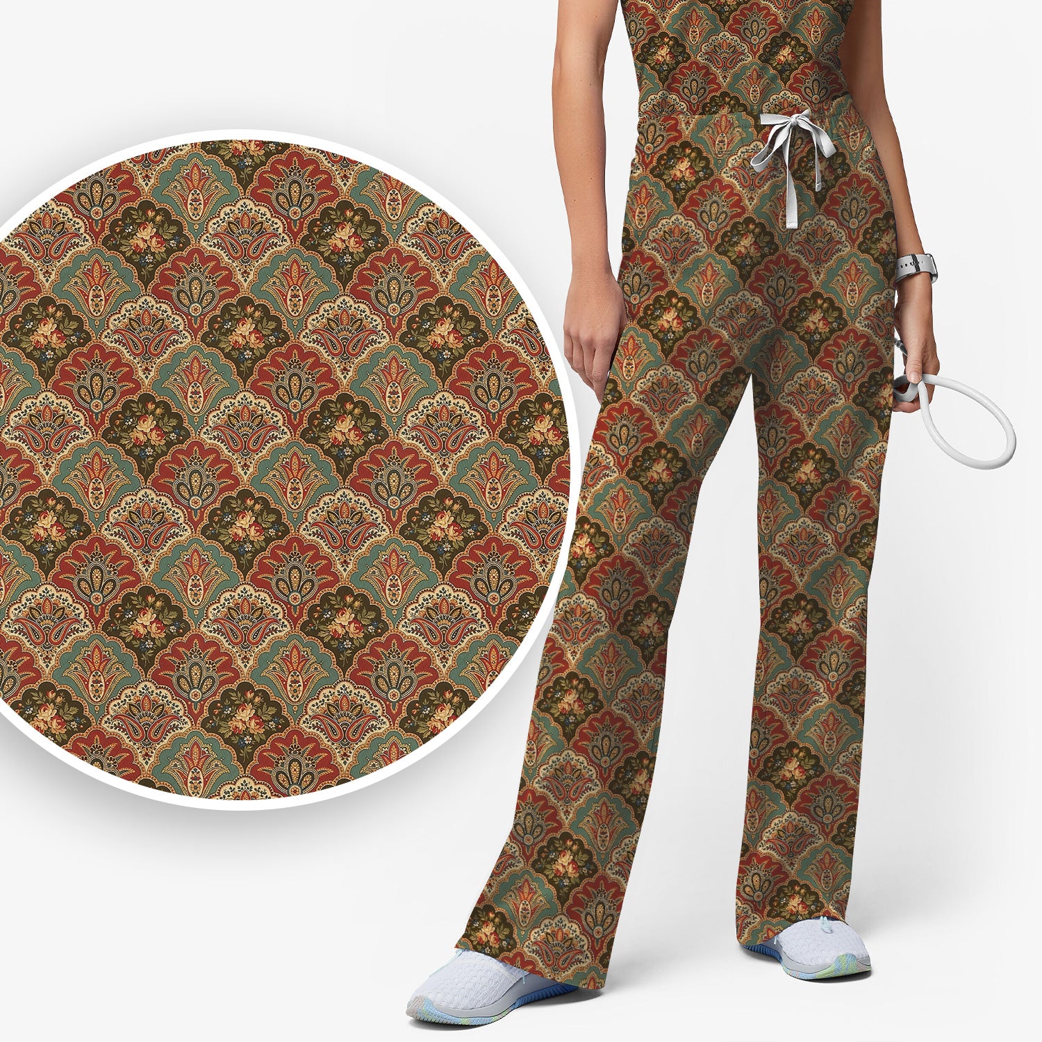 Vintage Floral Paisley Ornament Pattern Scrub Set, Scrub Pants and V Neck Top