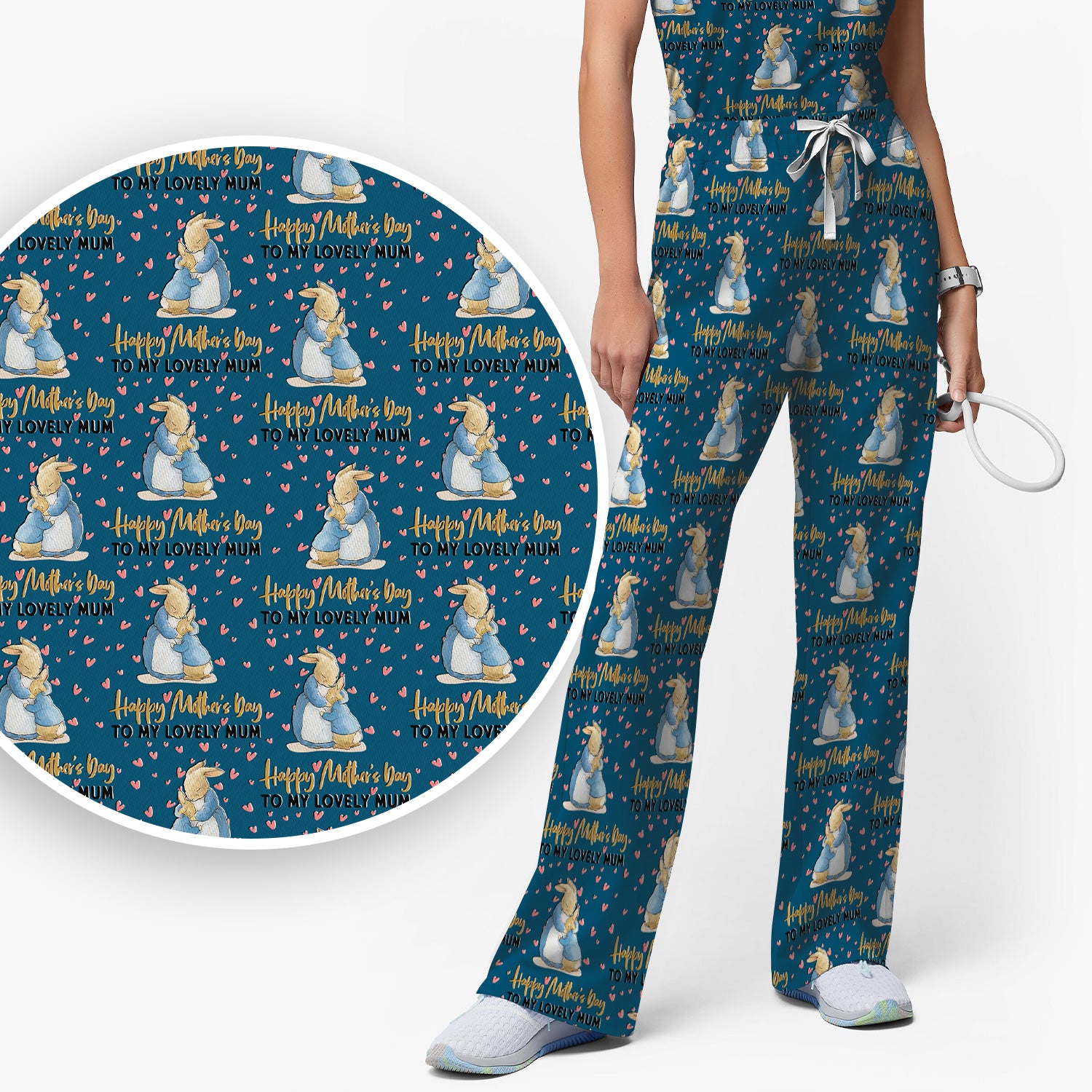 Happy Mothers Day Bunny Love Pattern Scrub Sets, Scrub Pants and V Neck Top