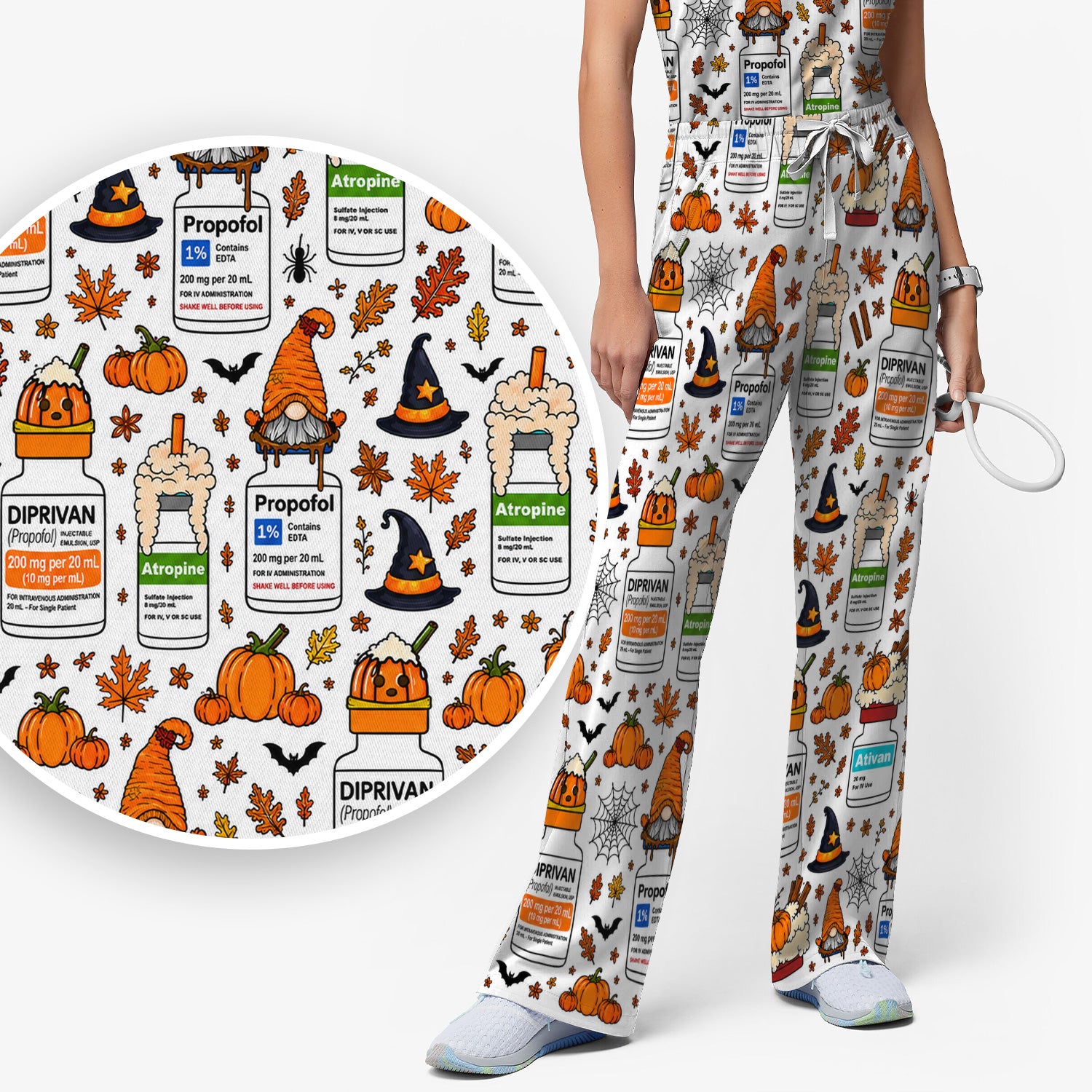 Funny Witch Hat & Pumpkin Print Scrub Set, Scrub Pants and V Neck Top