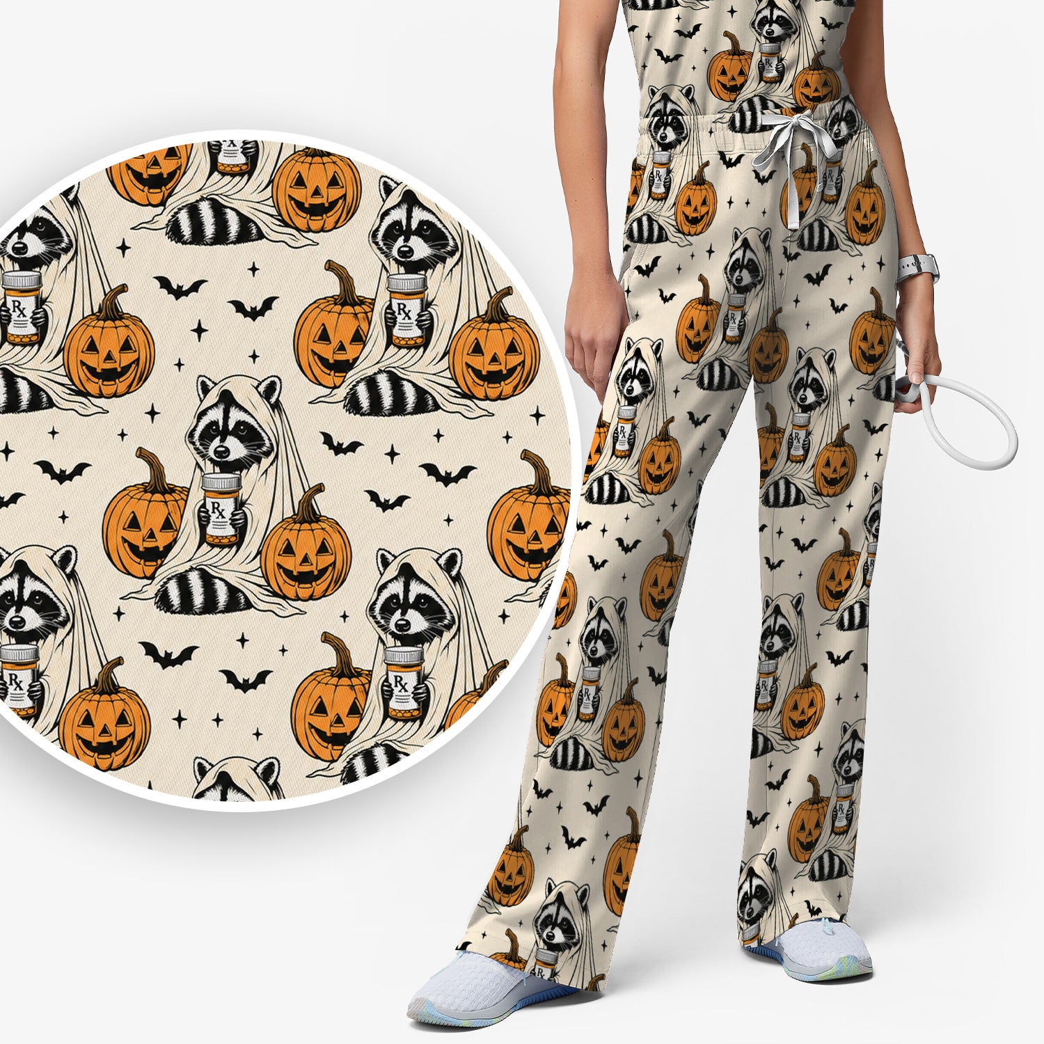 Halloween Raccoon with Pumpkin Bat Print Scrub Set, Scrub Pants and V Neck Top