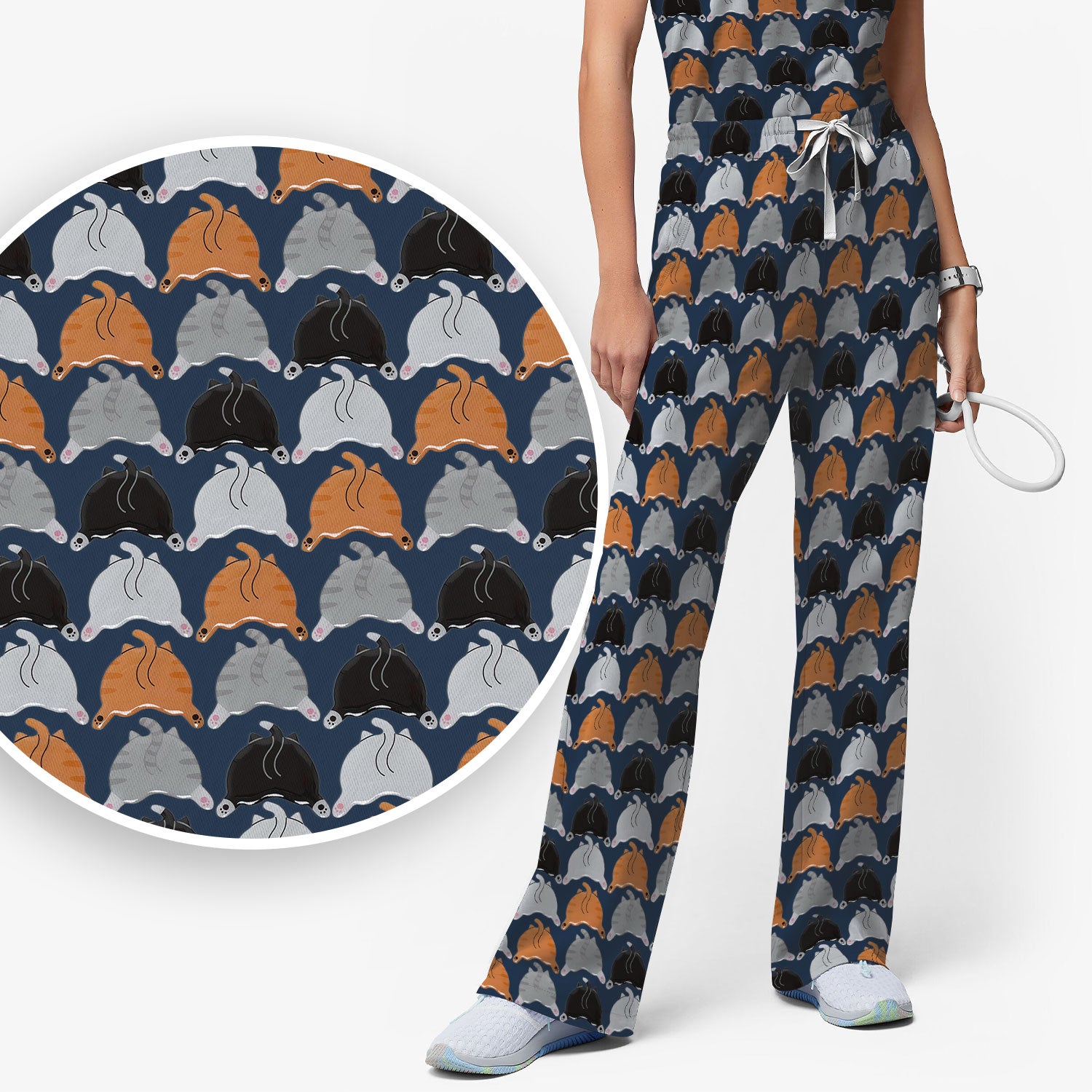 Playful Multicolor Cat Print Scrub Set, Breathable Med Uniform