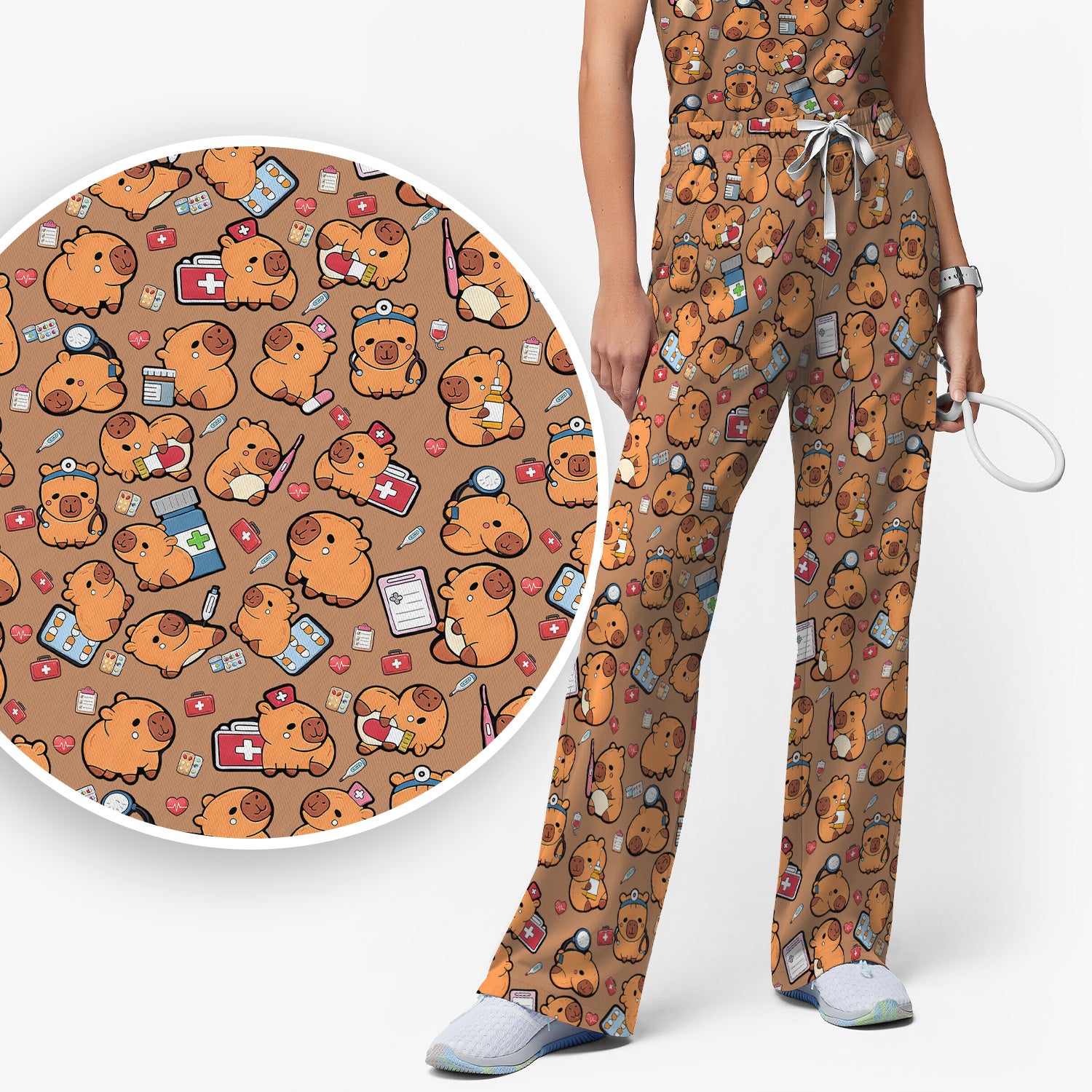 Capybara With Stethoscope And Medical Tools Seamless Scrub Set, Breathable Med Uniform